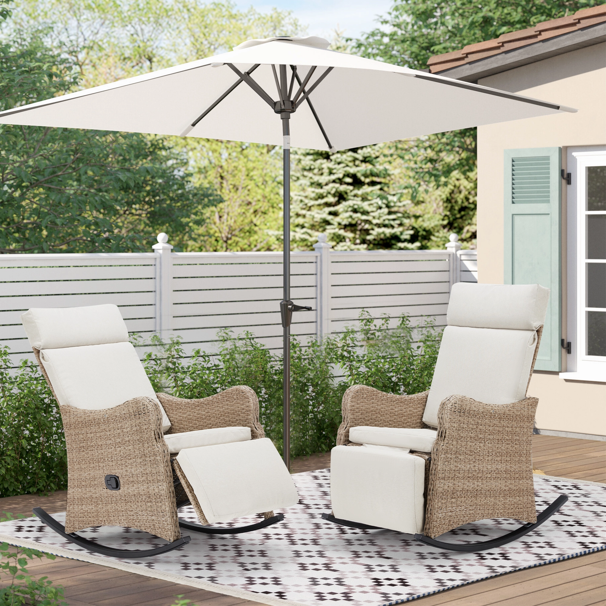 Homrest Outdoor Recliner Chair, Rattan Wicker Rocking Chair with Removable Cushion, Beige