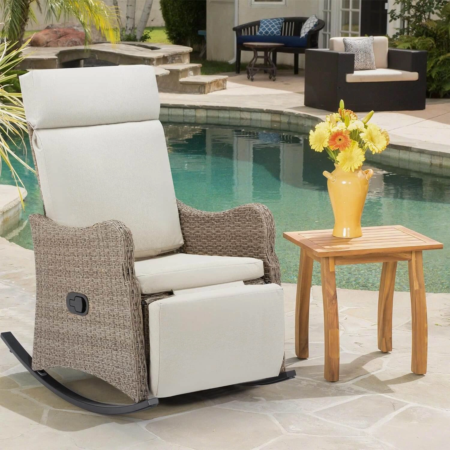 Homrest Outdoor Recliner Chair, Rattan Wicker Rocking Chair with Removable Cushion, Beige