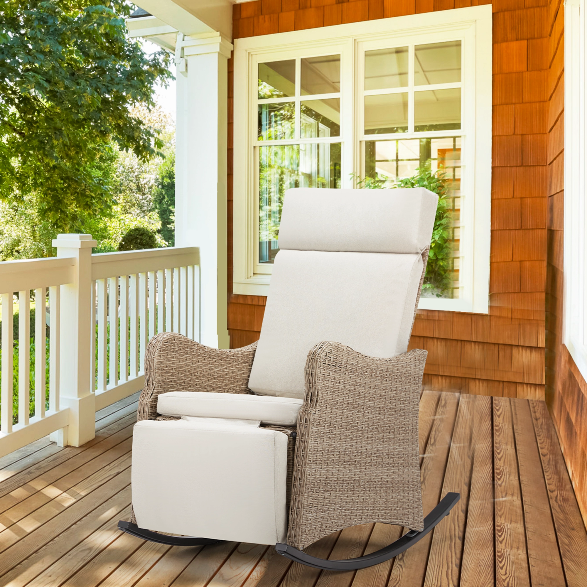 Homrest Outdoor Recliner Chair, Rattan Wicker Rocking Chair with Removable Cushion, Beige