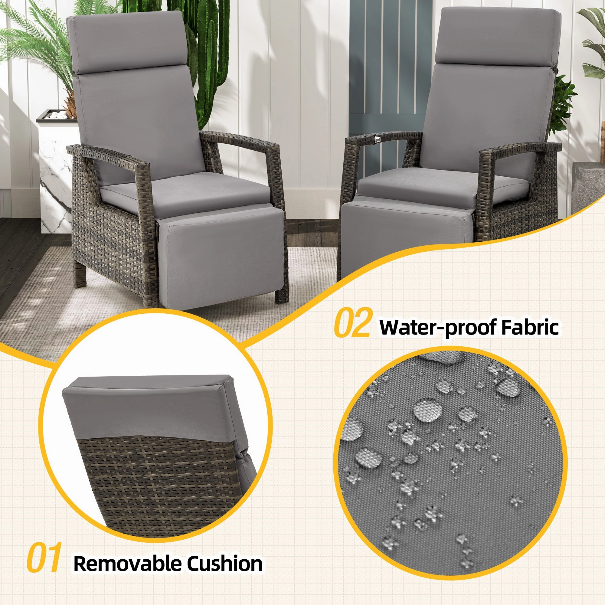 HOMREST Outdoor Recliner Chair Set of 2, up to 150with Removable Cushion, Grey