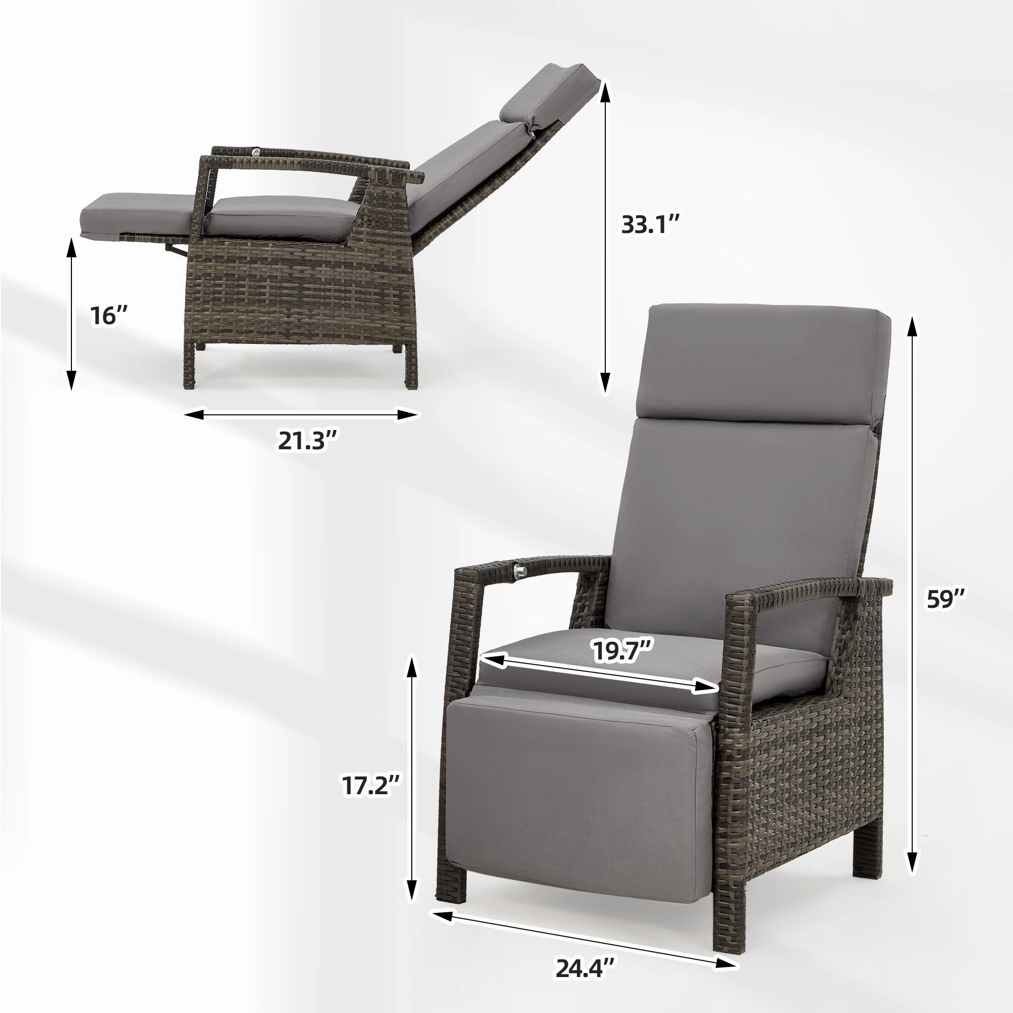 HOMREST Outdoor Recliner Chair Set of 2, up to 150with Removable Cushion, Grey