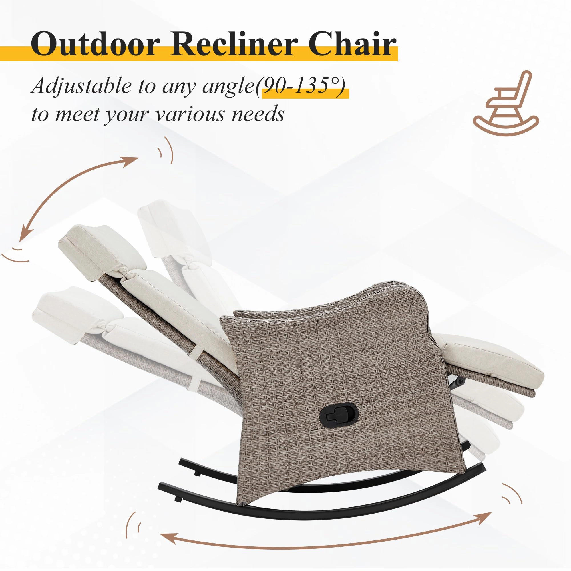 Homrest Outdoor Recliner Chairs Set of 2, Rattan Wicker Rocking Chair, Beige