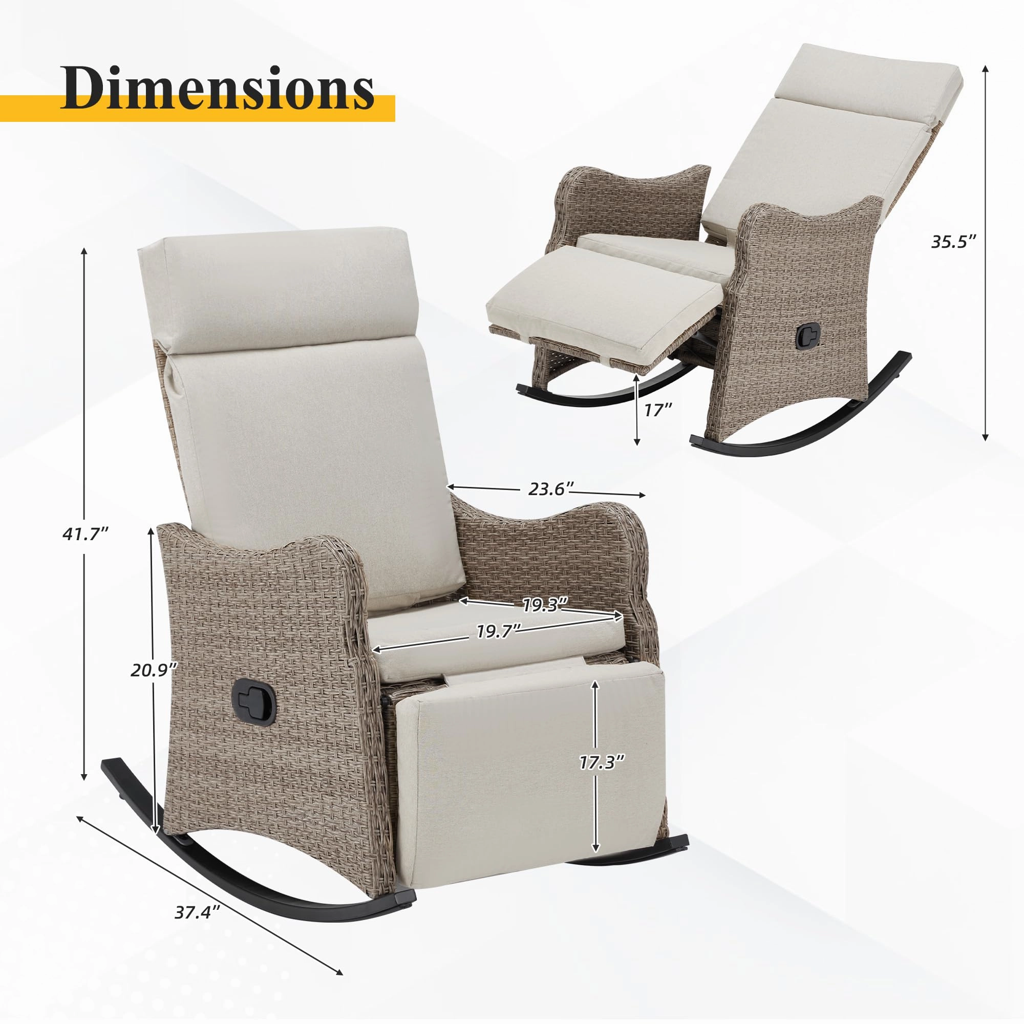 Homrest Outdoor Recliner Chairs Set of 2, Rattan Wicker Rocking Chair, Beige