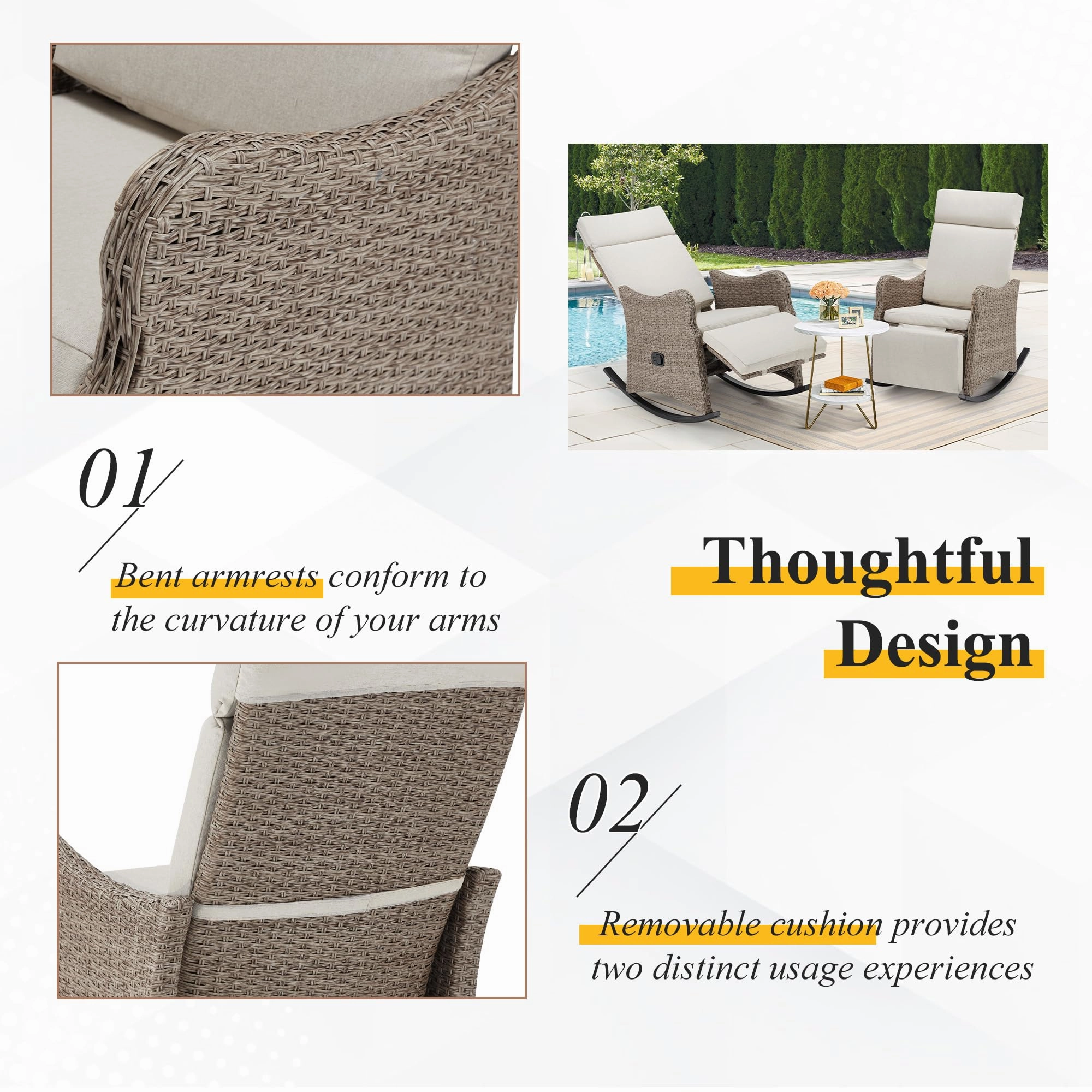 Homrest Outdoor Recliner Chairs Set of 2, Rattan Wicker Rocking Chair, Beige