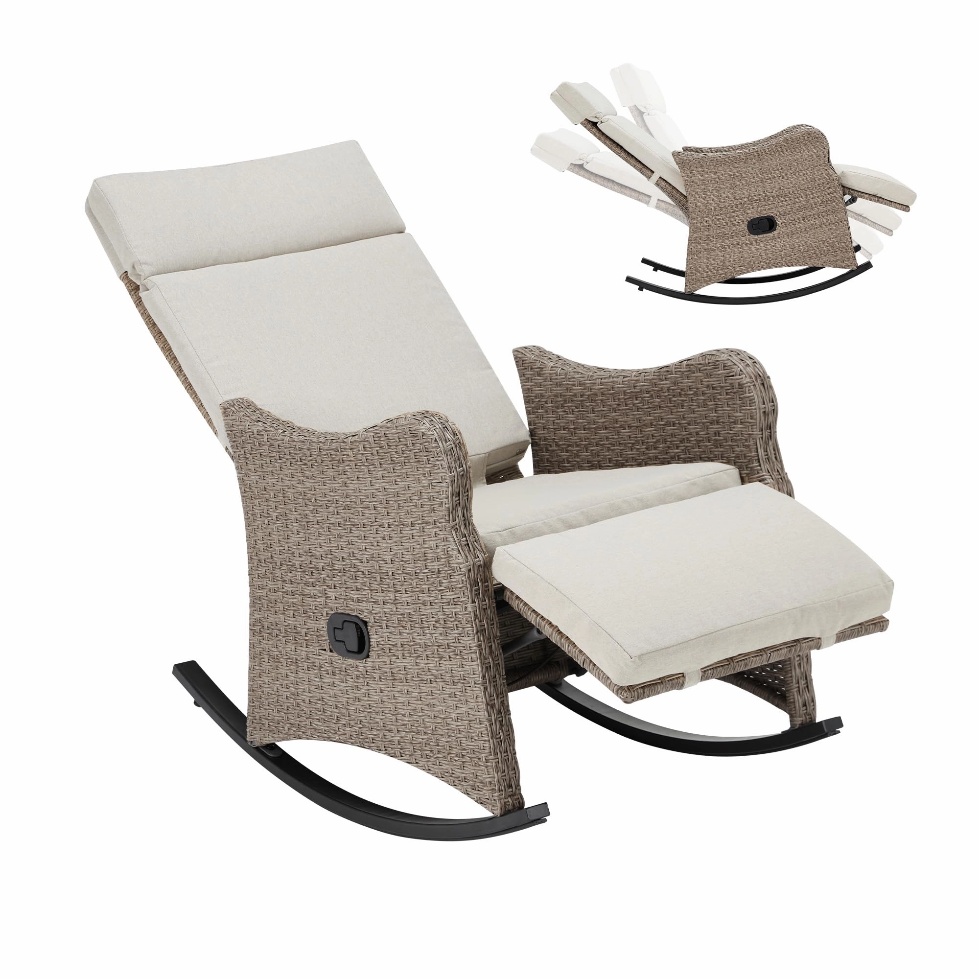 Homrest Outdoor Recliner Chairs Set of 2, Rattan Wicker Rocking Chair, Beige