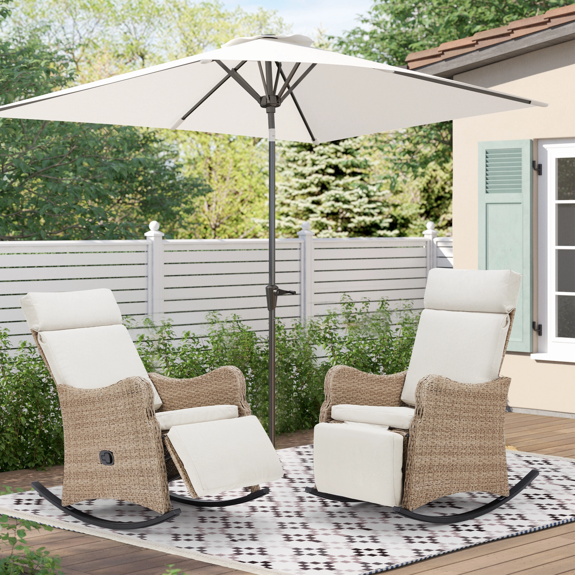 Homrest Outdoor Recliner Chairs Set of 2, Rattan Wicker Rocking Chair, Beige