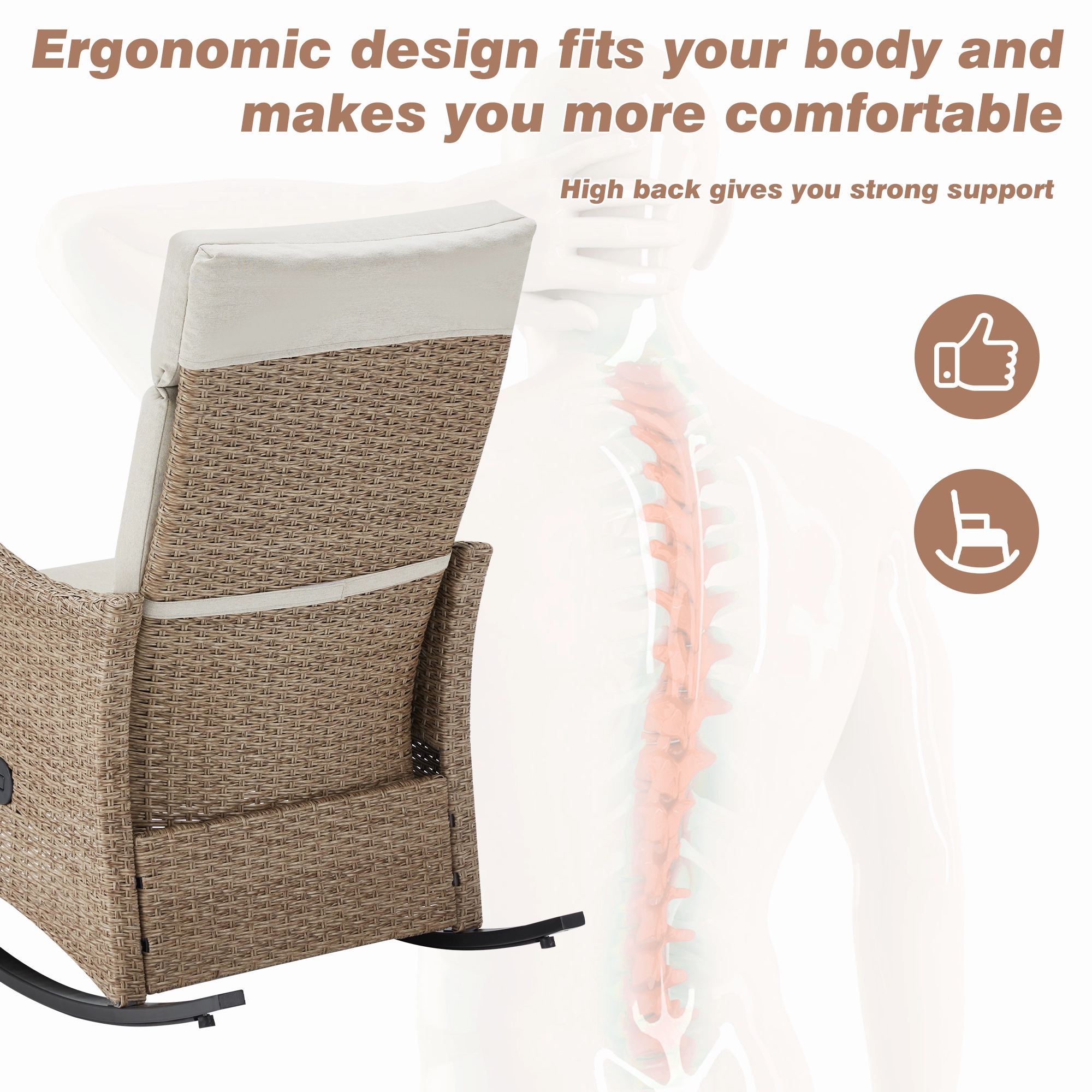 Homrest Outdoor Recliner Chairs Set of 2, Rattan Wicker Rocking Chair, Beige