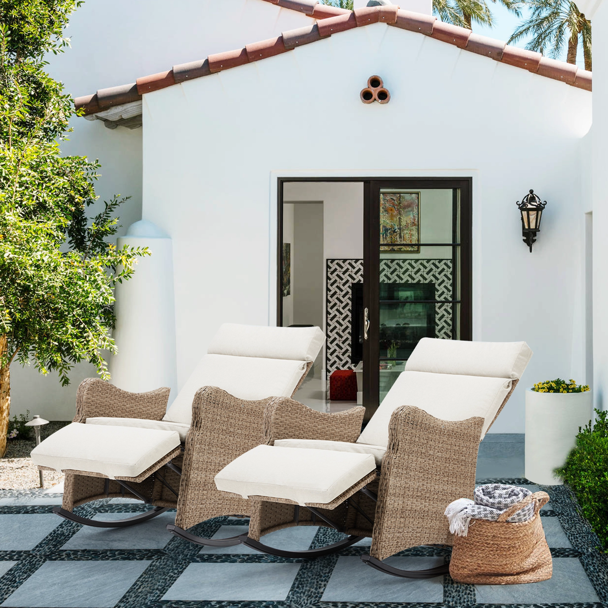 Homrest Outdoor Recliner Chairs Set of 2, Rattan Wicker Rocking Chair, Beige