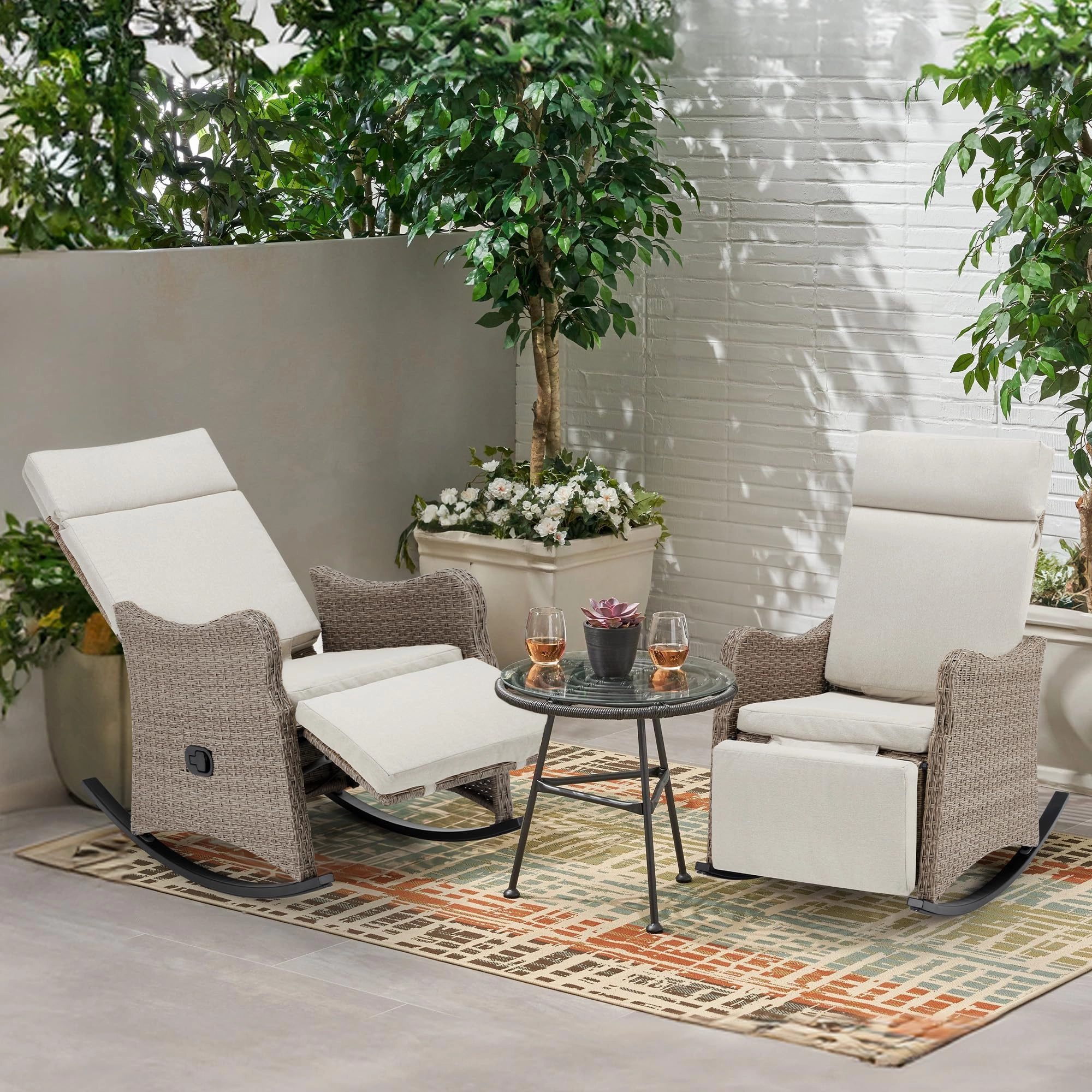 Homrest Outdoor Recliner Chairs Set of 2, Rattan Wicker Rocking Chair, Beige