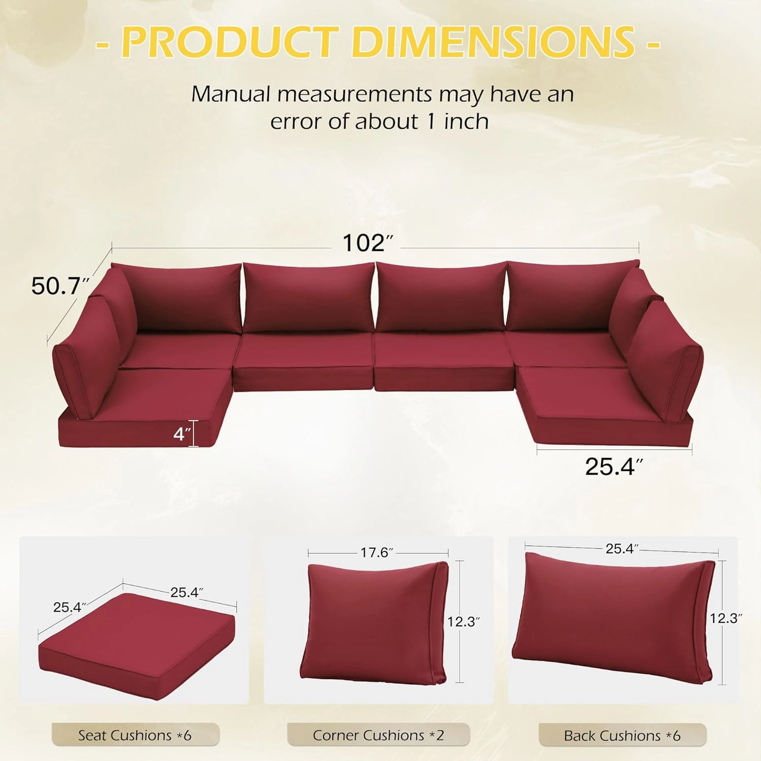 Homrest Outdoor Replacement Cushions for  6-Seat Patio Conversation Set, Wine Red