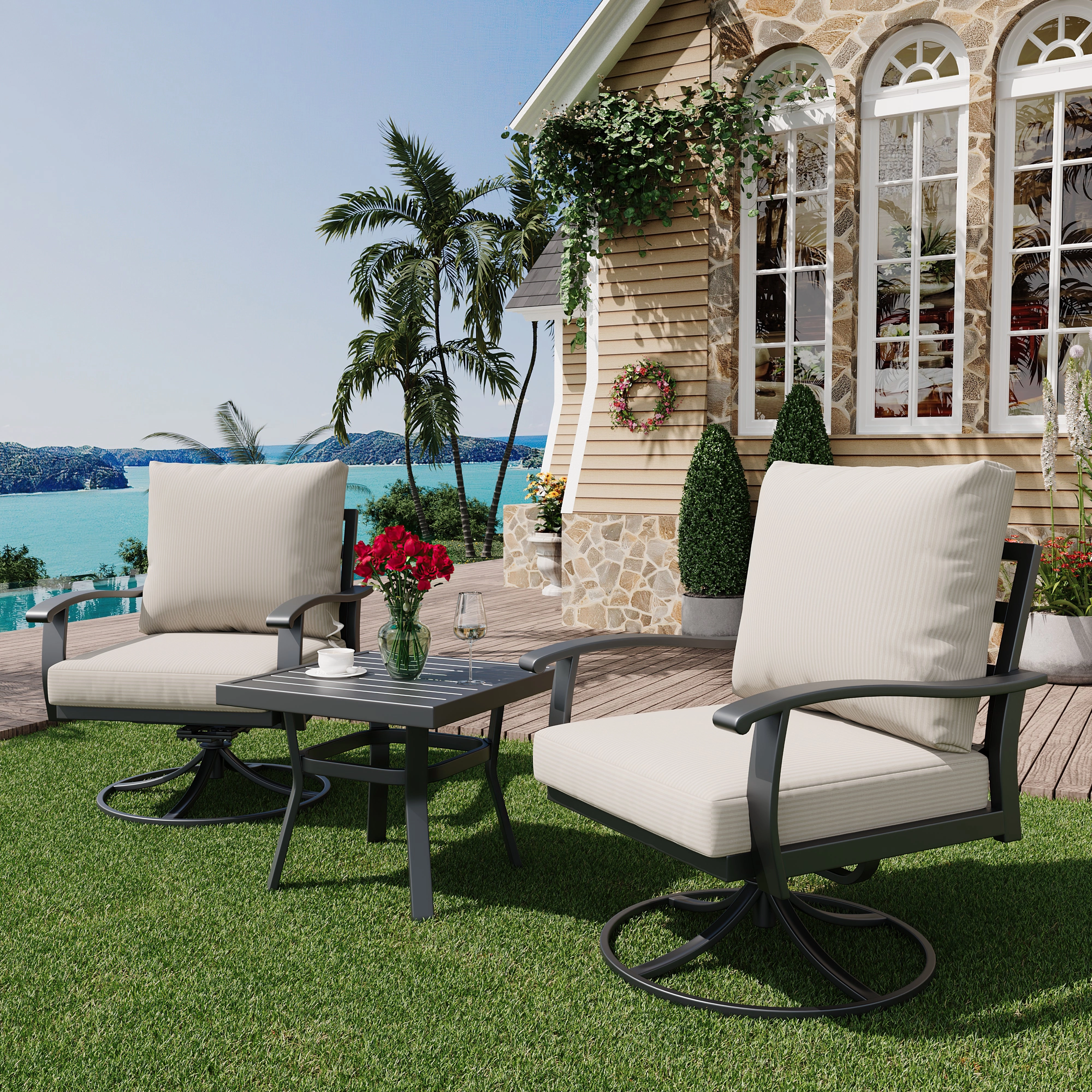 HOMREST Outdoor Swivel Rocker Patio Chairs with Coffee Table, 3 PCS Bistro Set, Beige