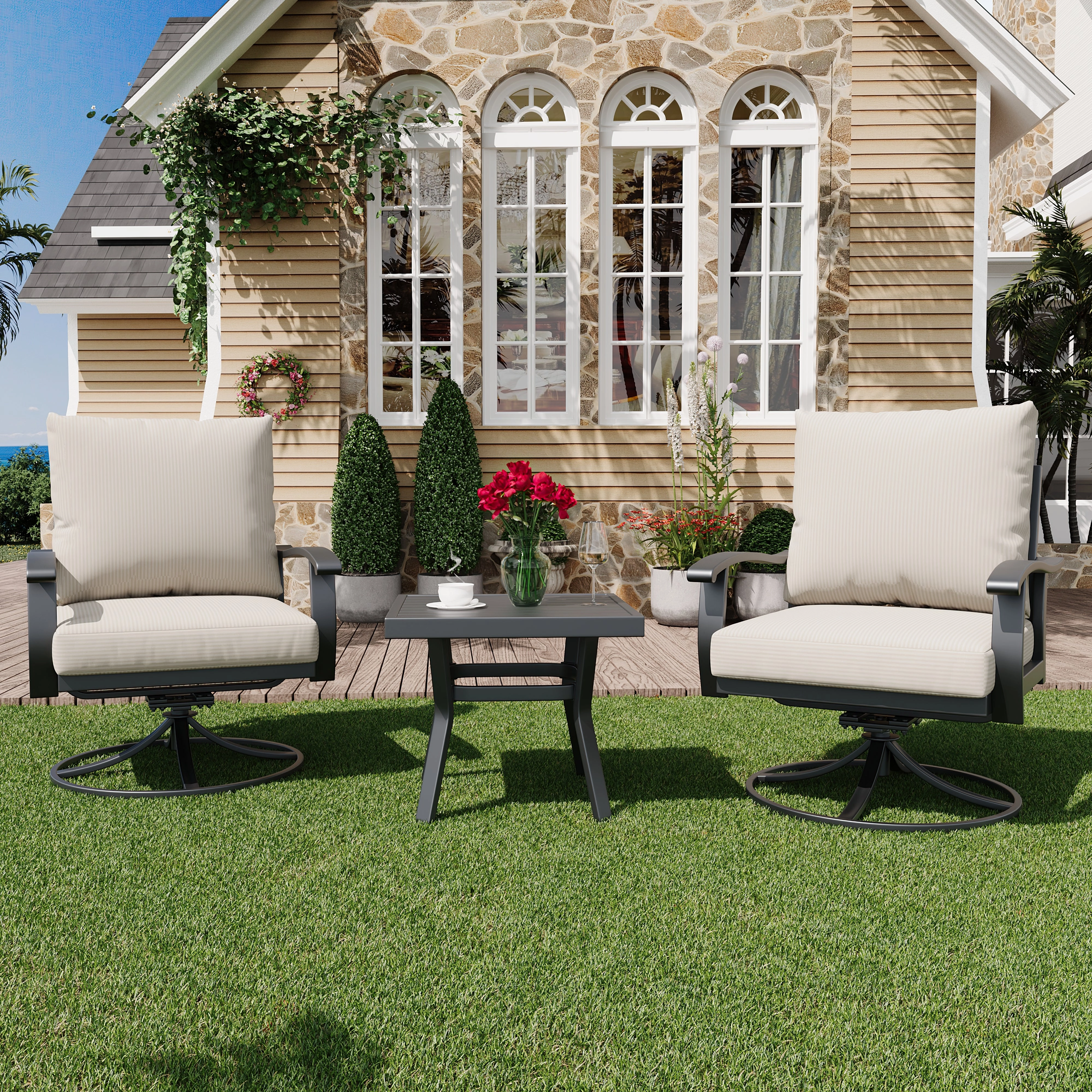 HOMREST Outdoor Swivel Rocker Patio Chairs with Coffee Table, 3 PCS Bistro Set, Beigeoutdoor patio furniture set