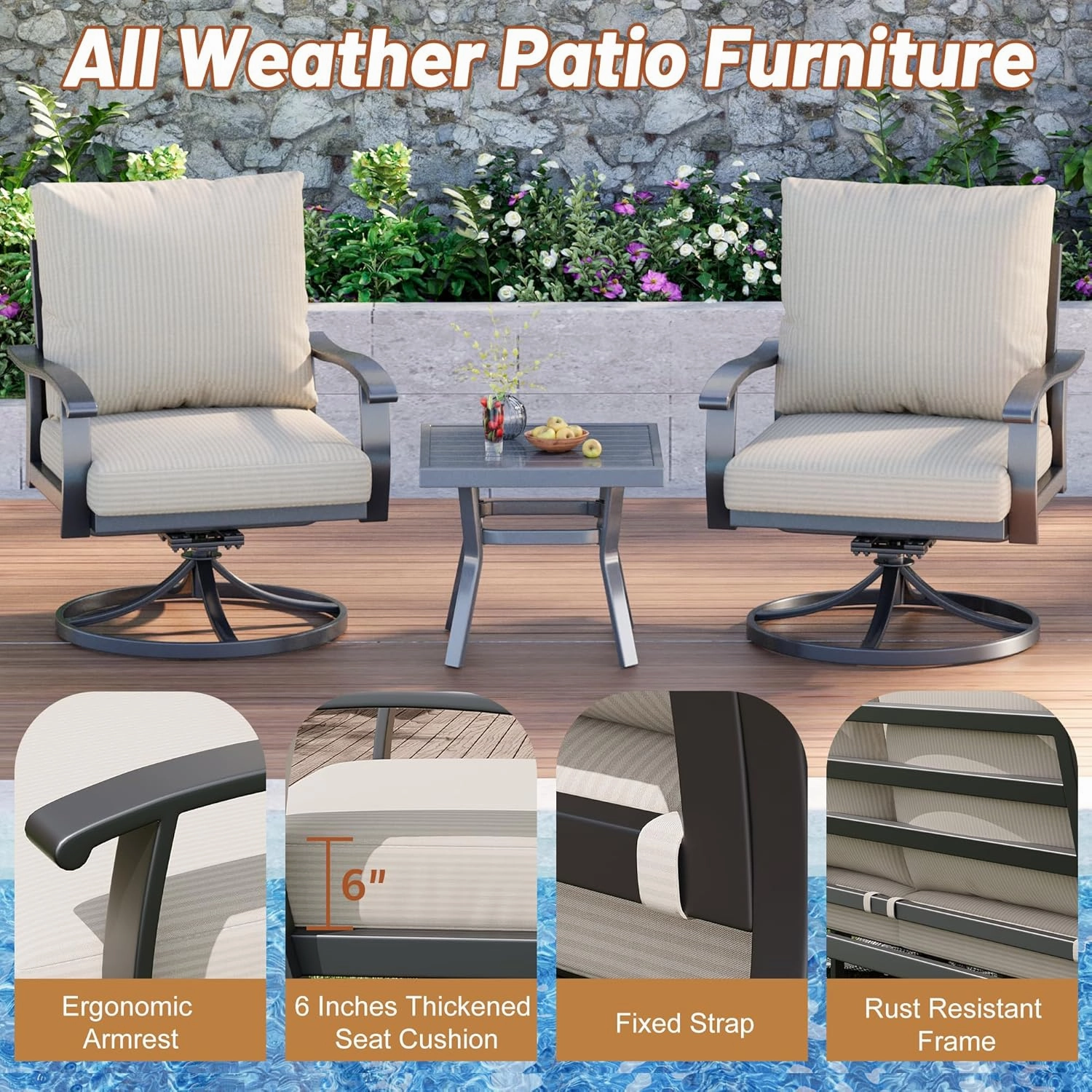 HOMREST Patio Furniture Sets 5 PCS Outdoor Metal Conversation Sets with 2-Seat Sofa, Beige