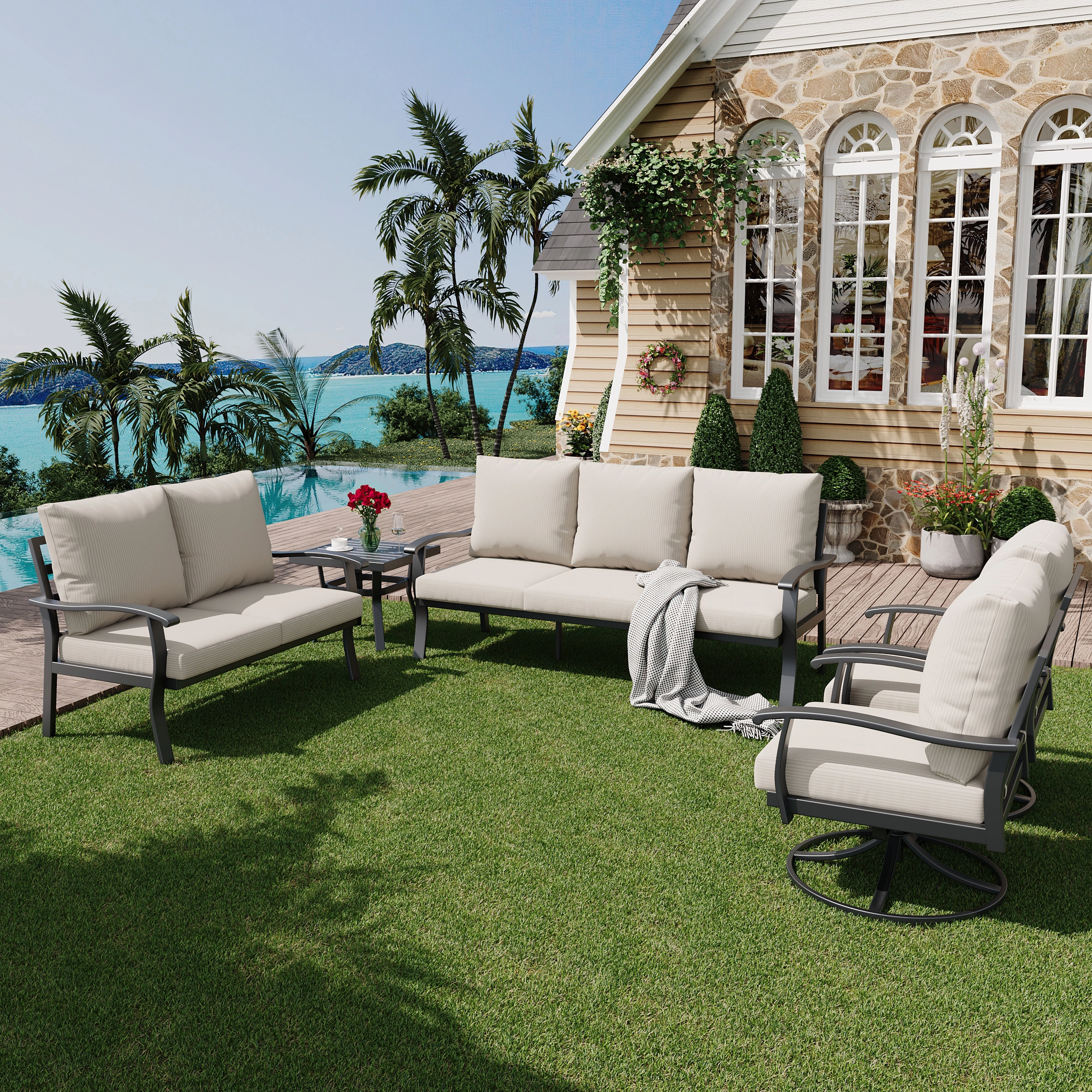 HOMREST Patio Furniture Sets 5 PCS Outdoor Metal Conversation Sets with 2-Seat Sofa, Beige