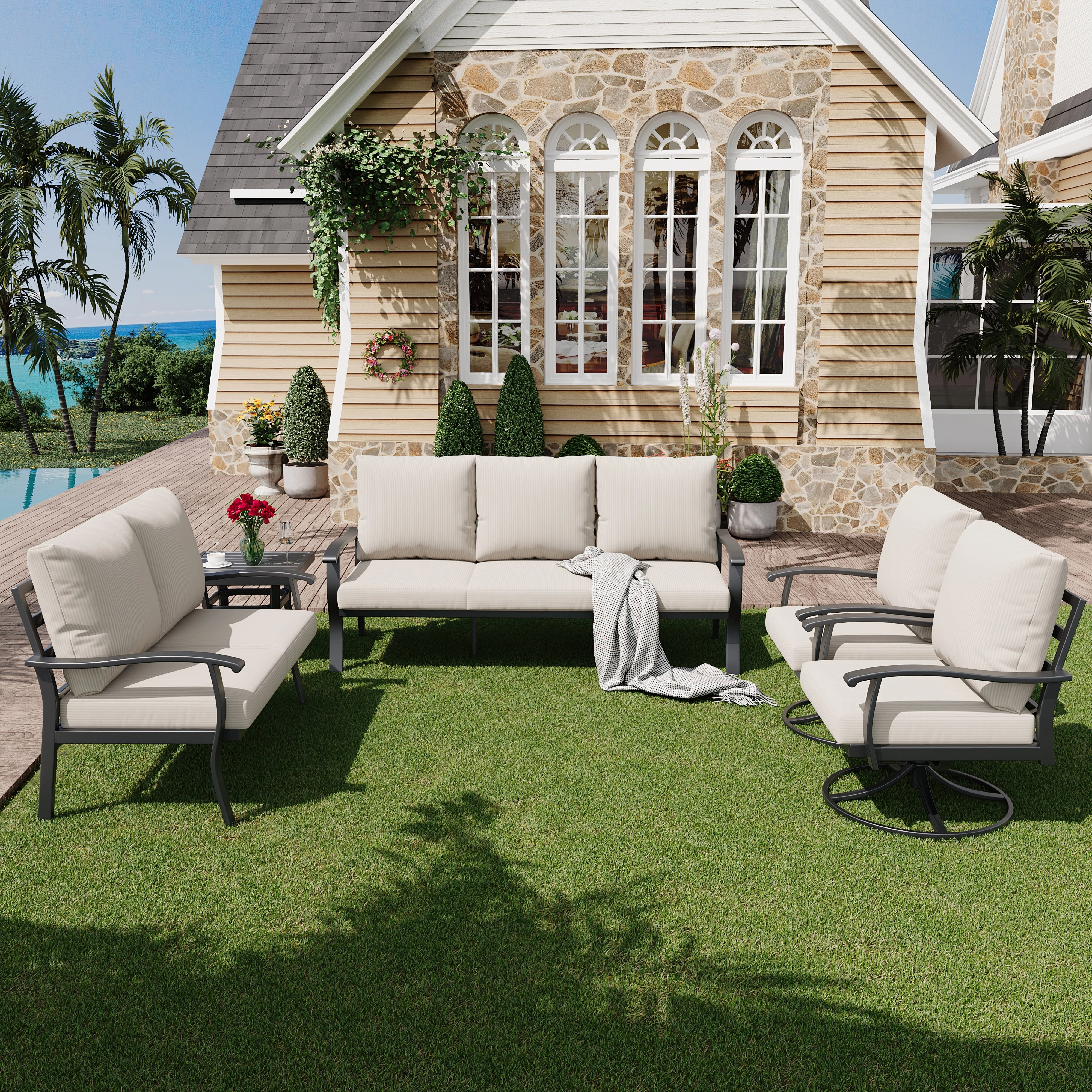 HOMREST Patio Furniture Sets 5 PCS Outdoor Metal Conversation Sets with 2-Seat Sofa, Beigeoutdoor patio furniture set