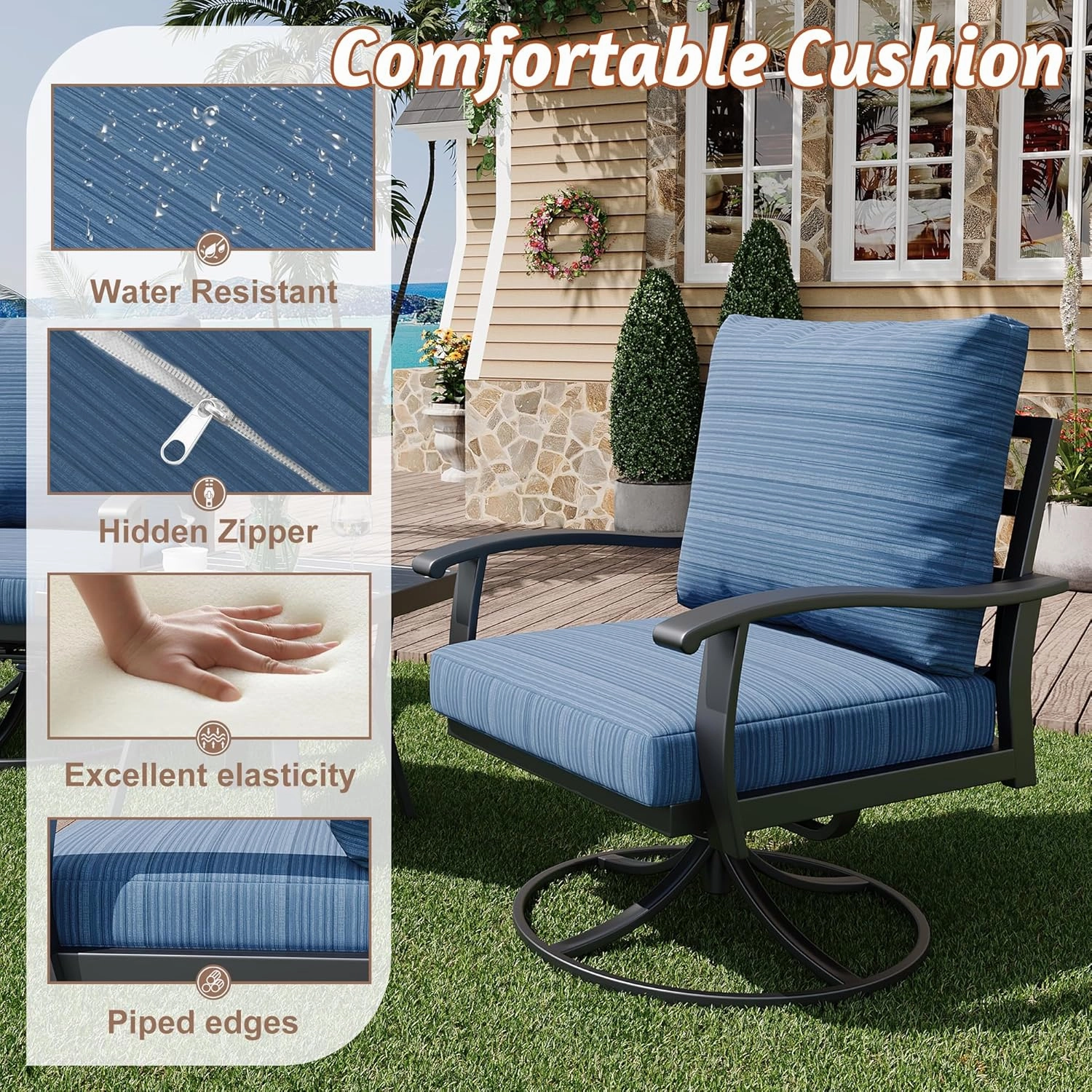 HOMREST Patio Furniture Sets 5 PCS Outdoor Metal Conversation Sets with 2-Seat Sofa, Blue