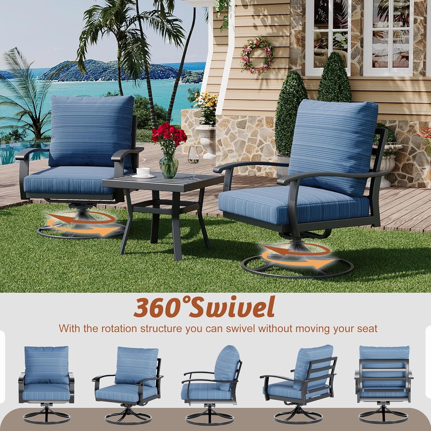 HOMREST Patio Furniture Sets 5 PCS Outdoor Metal Conversation Sets with 2-Seat Sofa, Blue