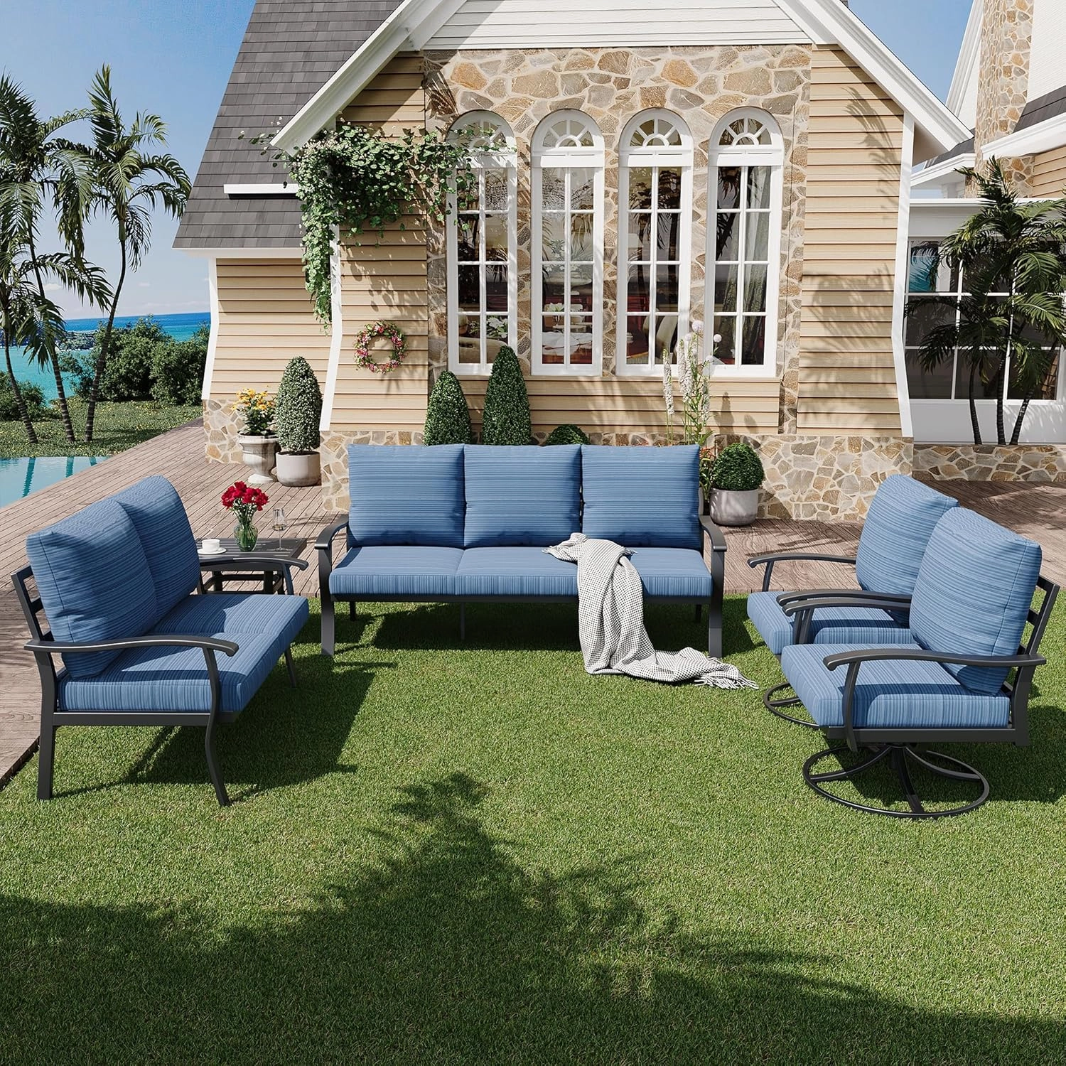 HOMREST Patio Furniture Sets 5 PCS Outdoor Metal Conversation Sets with 2-Seat Sofa, Blueoutdoor patio furniture set