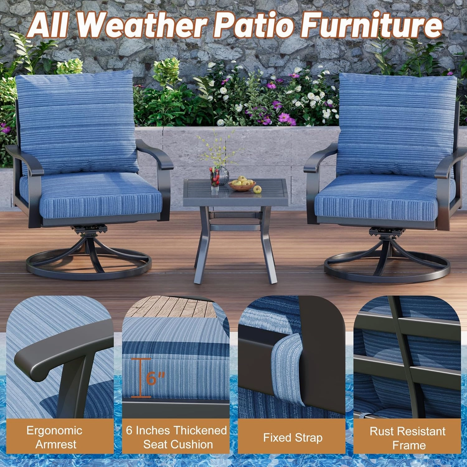 HOMREST Patio Furniture Sets 5 PCS Outdoor Metal Conversation Sets with 2-Seat Sofa, Blue