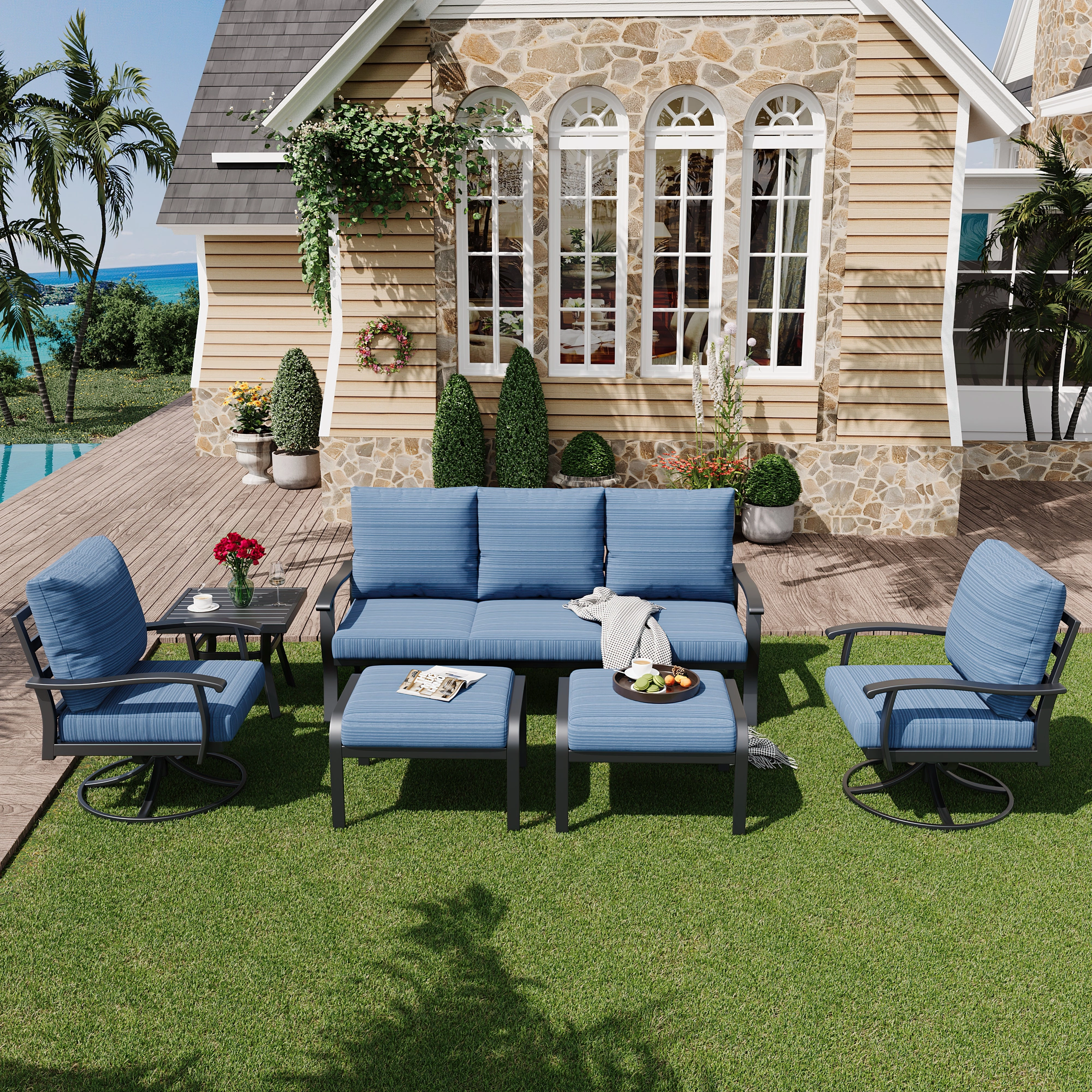HOMREST Patio Furniture Sets 5 PCS Outdoor Metal Conversation Sets with 2-Seat Sofa, Blue