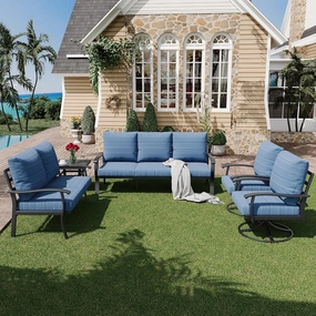 HOMREST Patio Furniture Sets 5 PCS Outdoor Metal Conversation Sets with 2-Seat Sofa, Blueoutdoor patio furniture set