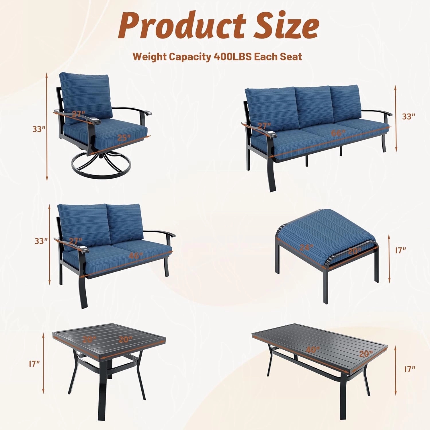 HOMREST Patio Furniture Sets 5 PCS Outdoor Metal Conversation Sets with 2-Seat Sofa, Blue