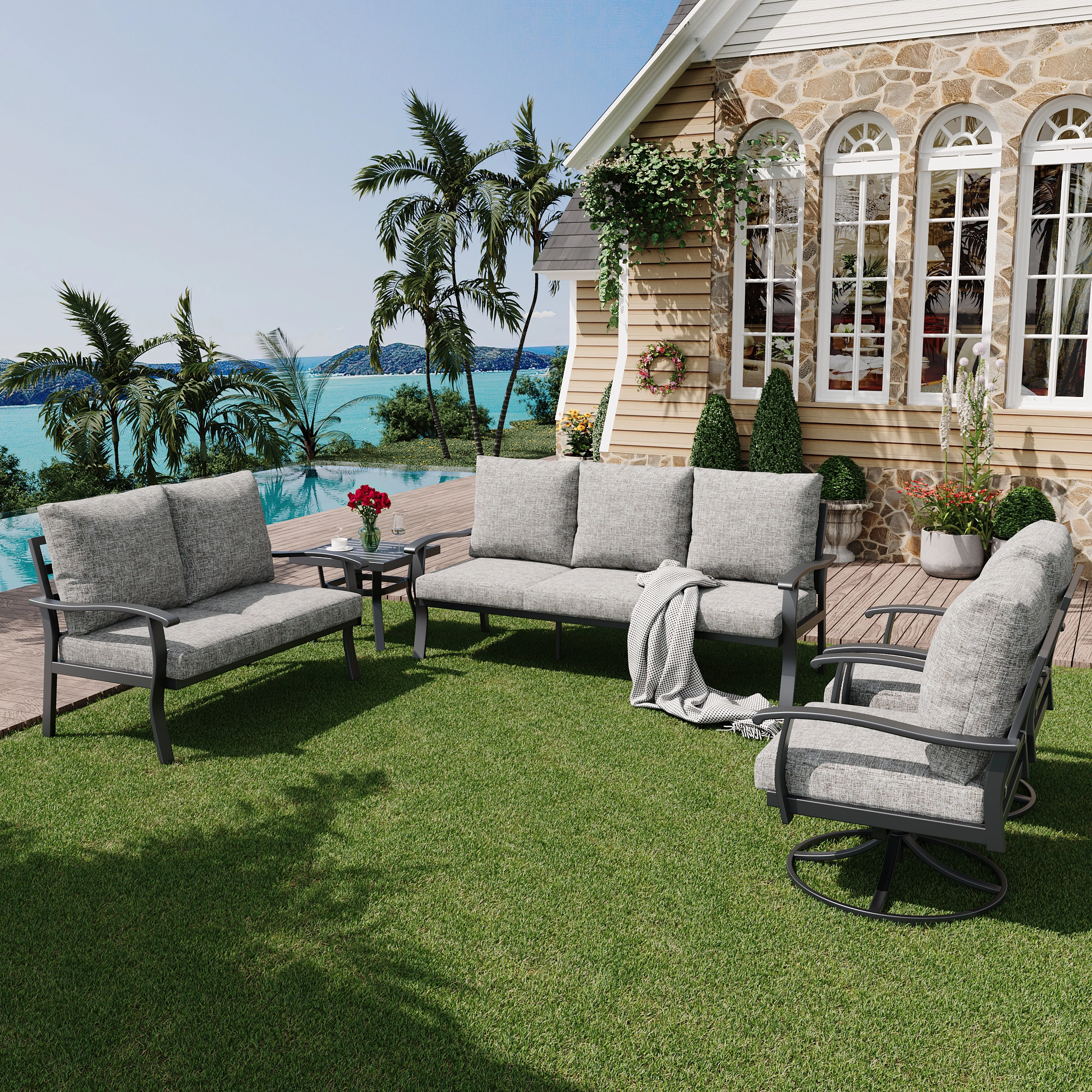 HOMREST Patio Furniture Sets 5 PCS Outdoor Metal Conversation Sets with 2-Seat Sofa, Grayoutdoor patio furniture set