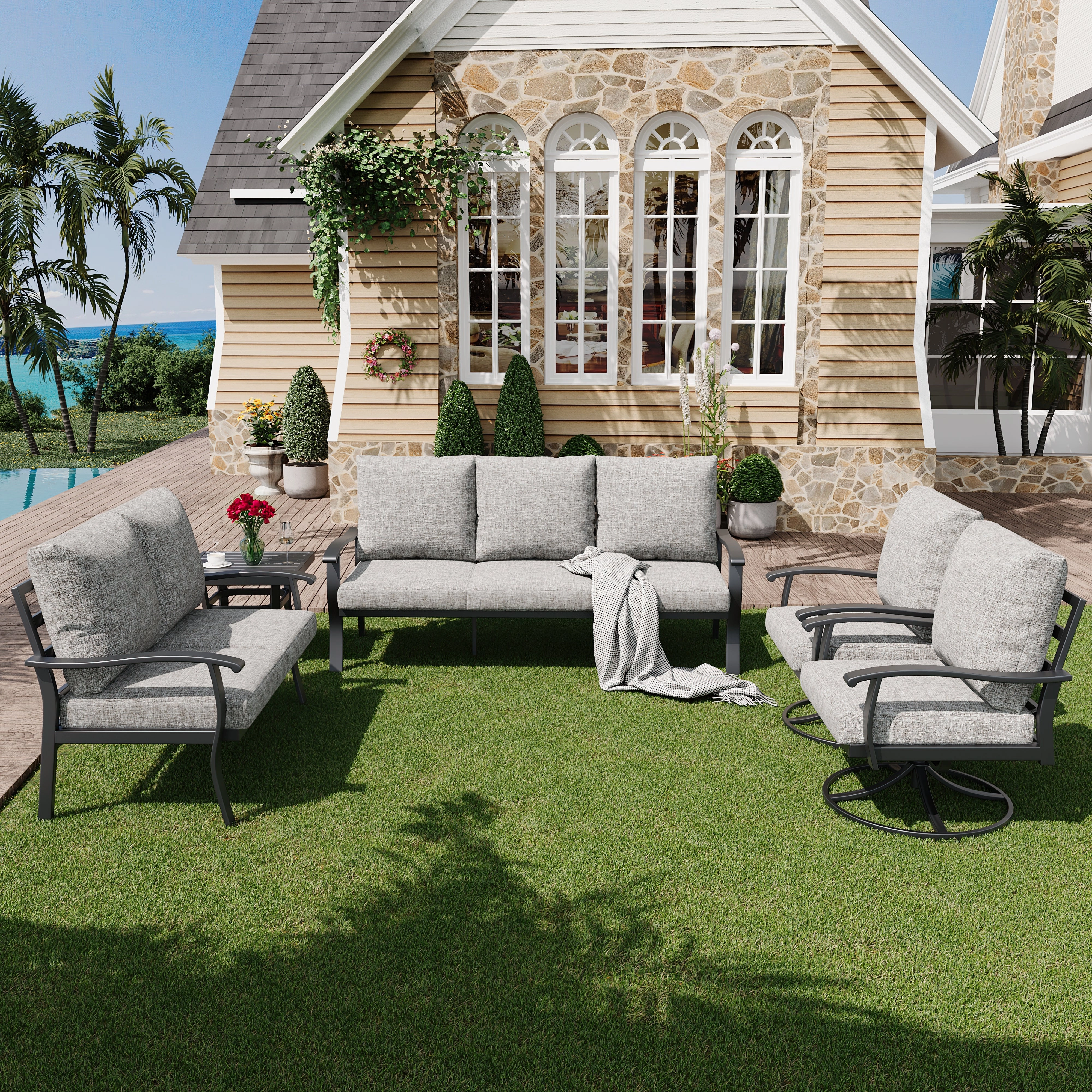 HOMREST Patio Furniture Sets 5 PCS Outdoor Metal Conversation Sets with 2-Seat Sofa, Gray