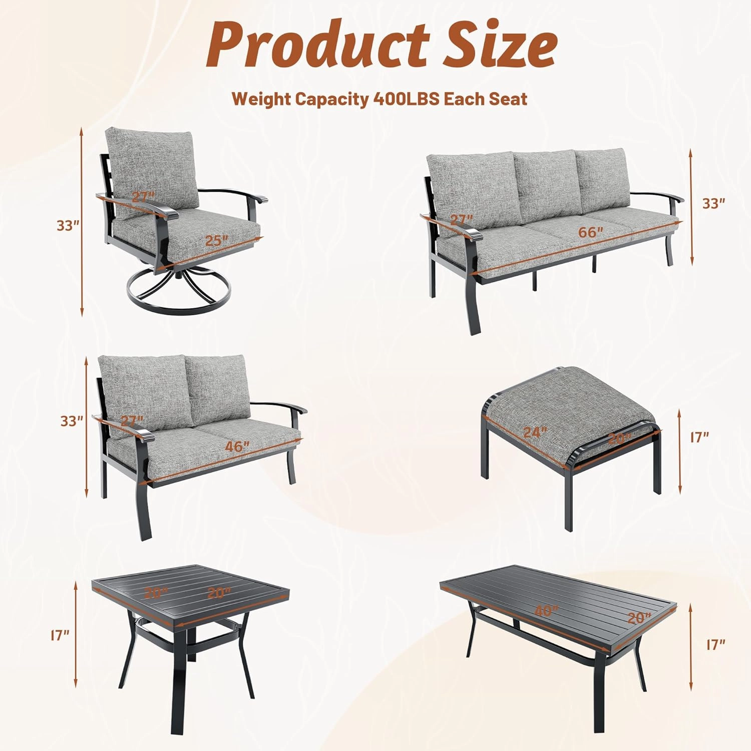 HOMREST Patio Furniture Sets 5 PCS Outdoor Metal Conversation Sets with 2-Seat Sofa, Gray
