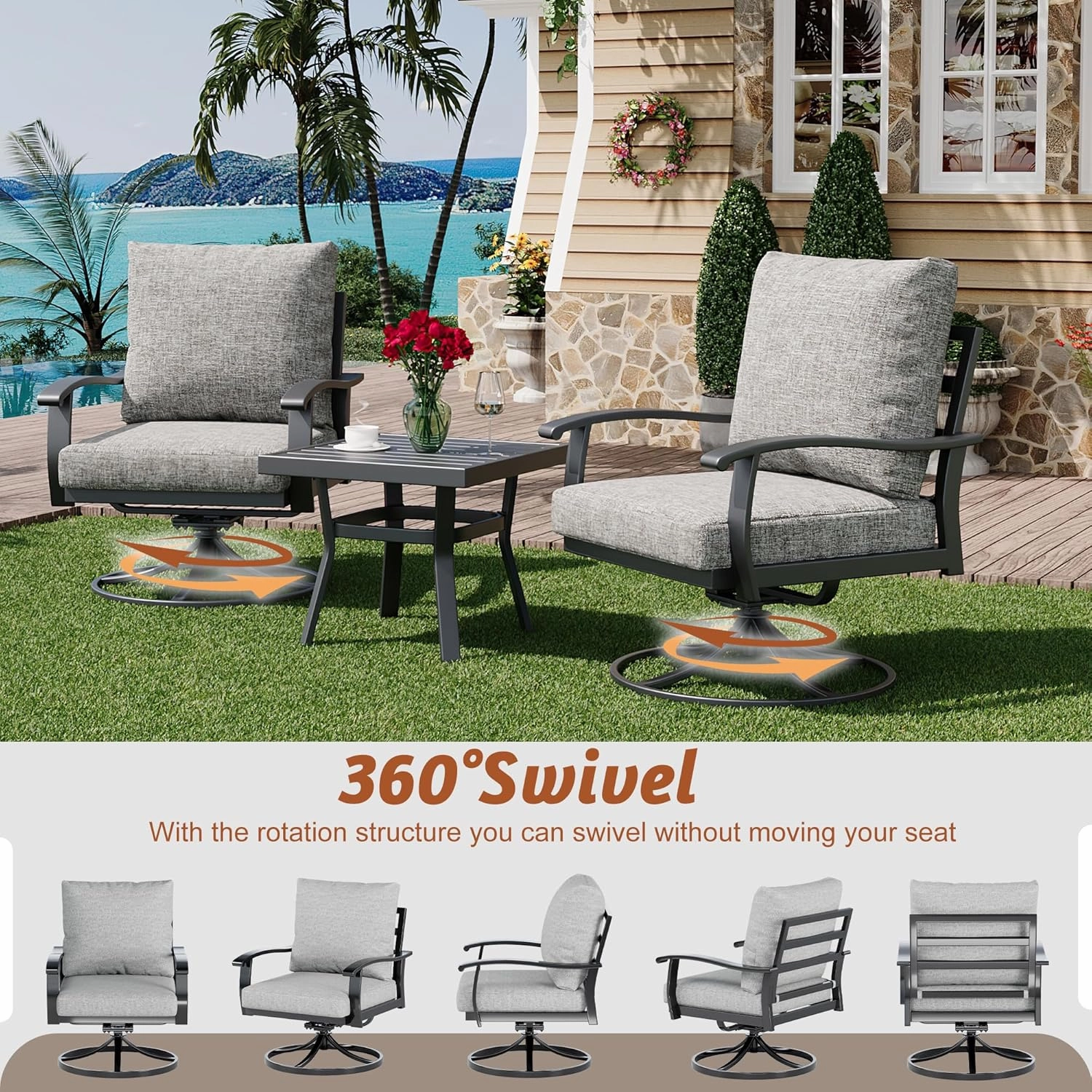 HOMREST Patio Furniture Sets 5 PCS Outdoor Metal Conversation Sets with 2-Seat Sofa, Gray