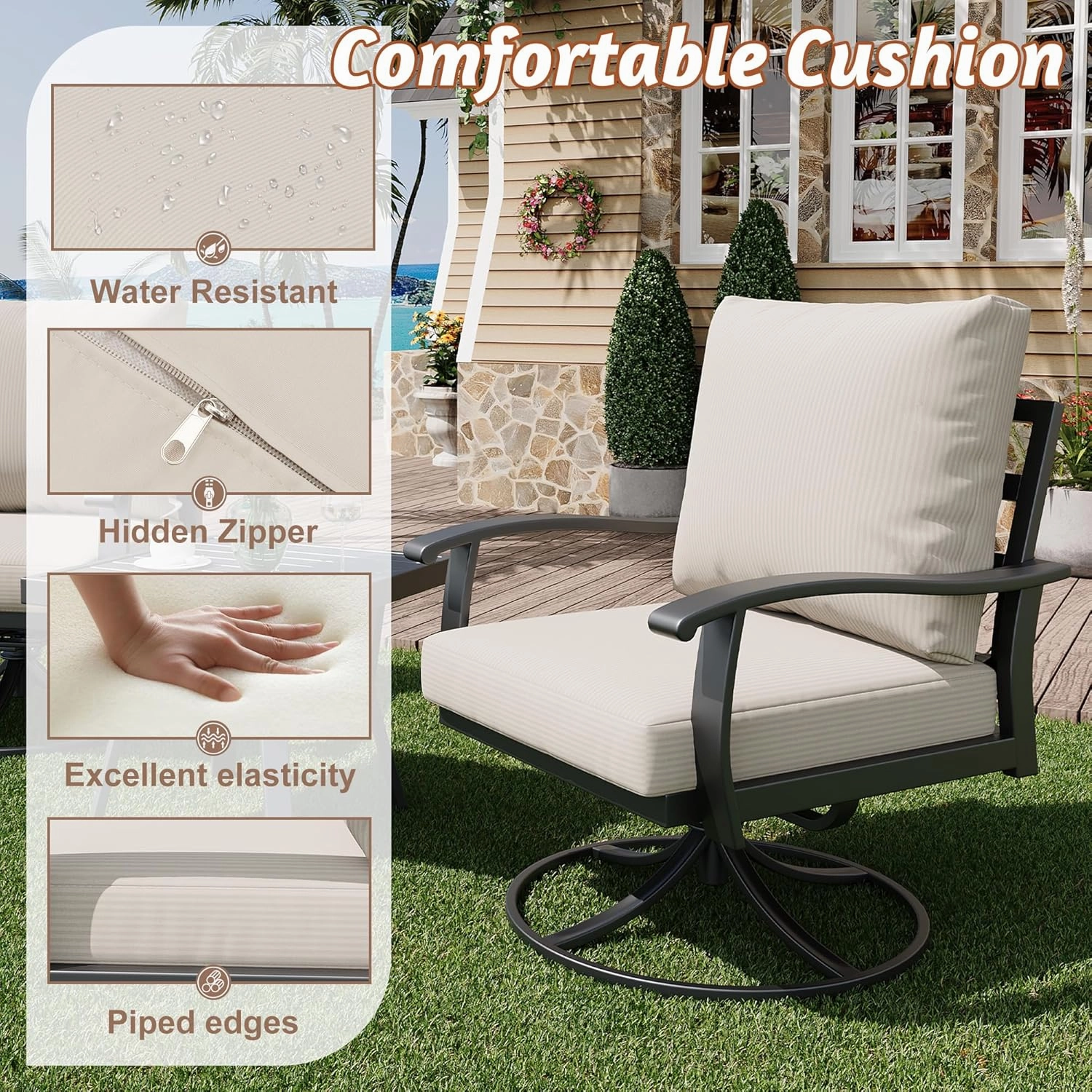 HOMREST Patio Furniture Sets 6 PCS Outdoor Metal Conversation Sets with Ottomans for Garden, Deck and Poolside, Beige