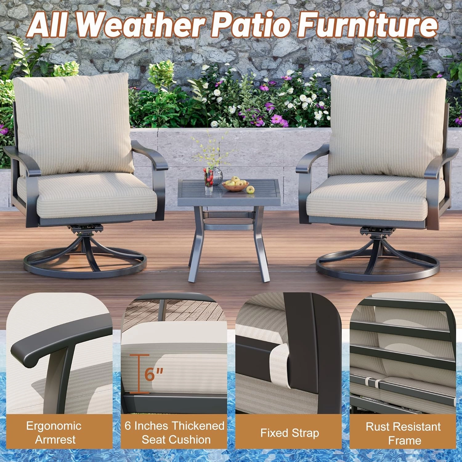 HOMREST Patio Furniture Sets 6 PCS Outdoor Metal Conversation Sets with Ottomans for Garden, Deck and Poolside, Beige