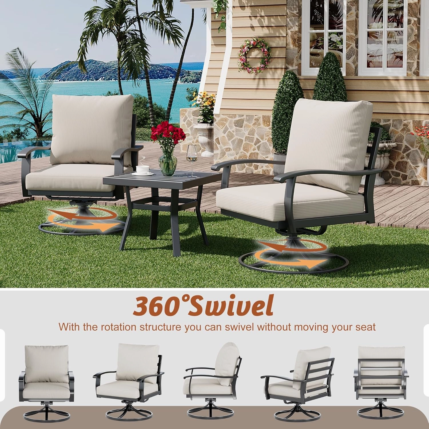 HOMREST Patio Furniture Sets 6 PCS Outdoor Metal Conversation Sets with Ottomans for Garden, Deck and Poolside, Beige