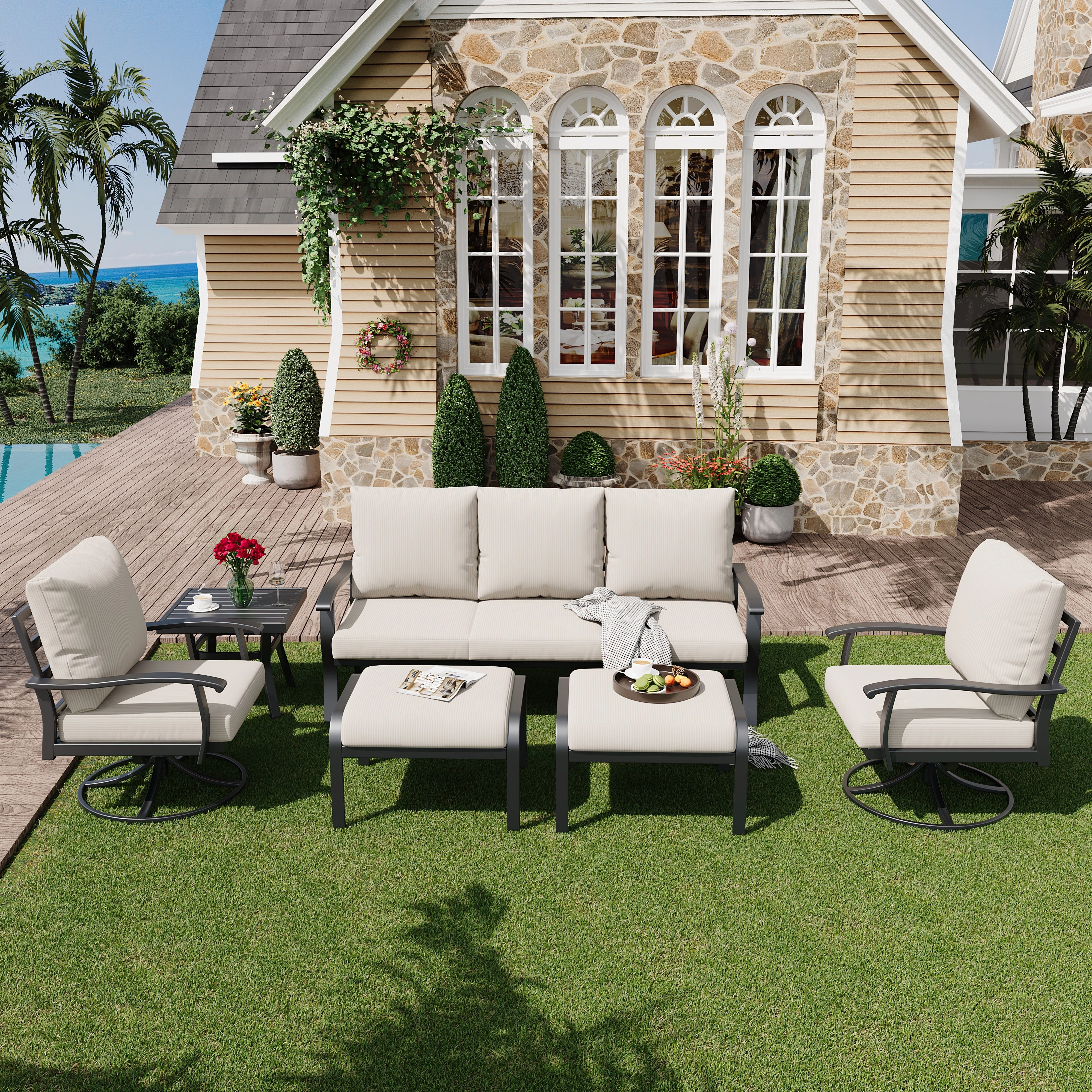 HOMREST Patio Furniture Sets 6 PCS Outdoor Metal Conversation Sets with Ottomans for Garden, Deck and Poolside, Beige