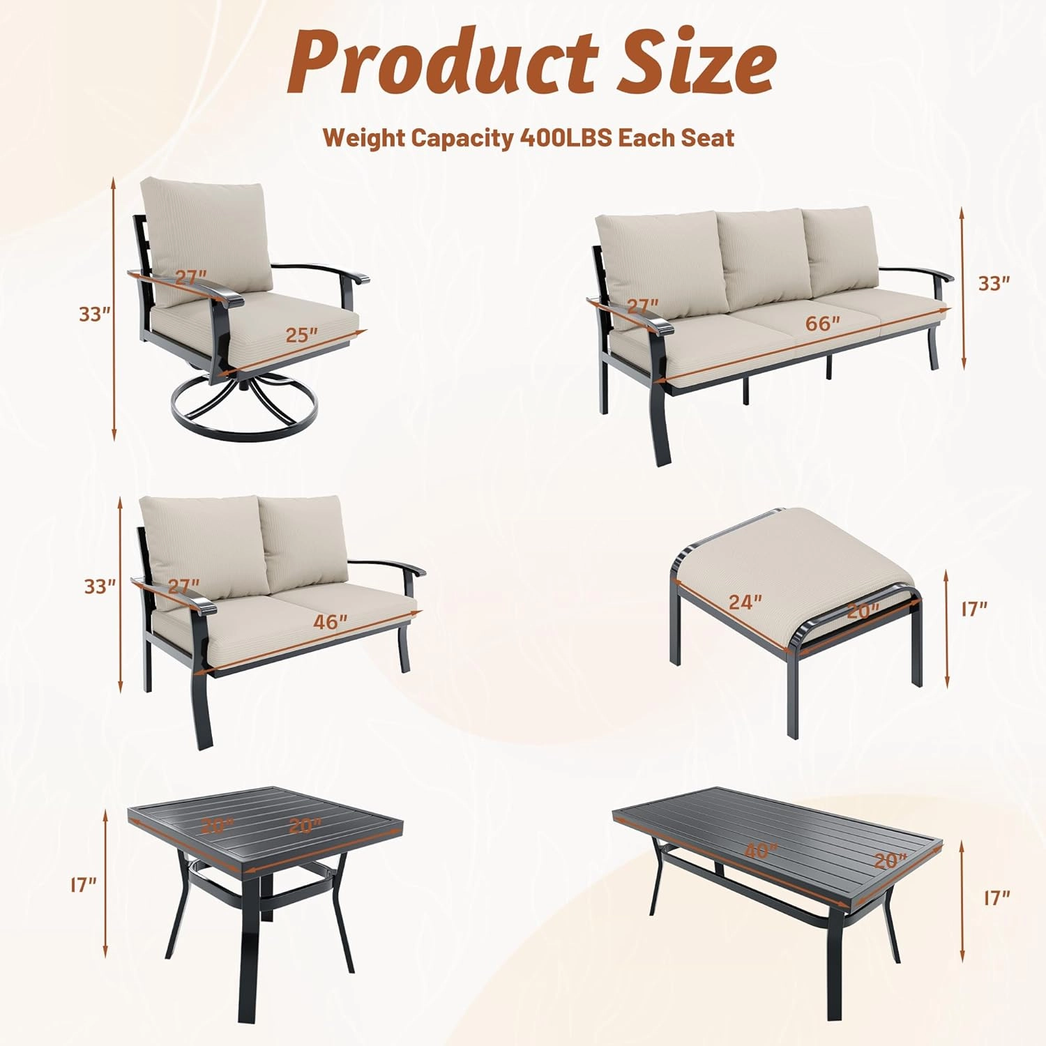 HOMREST Patio Furniture Sets 6 PCS Outdoor Metal Conversation Sets with Ottomans for Garden, Deck and Poolside, Beige