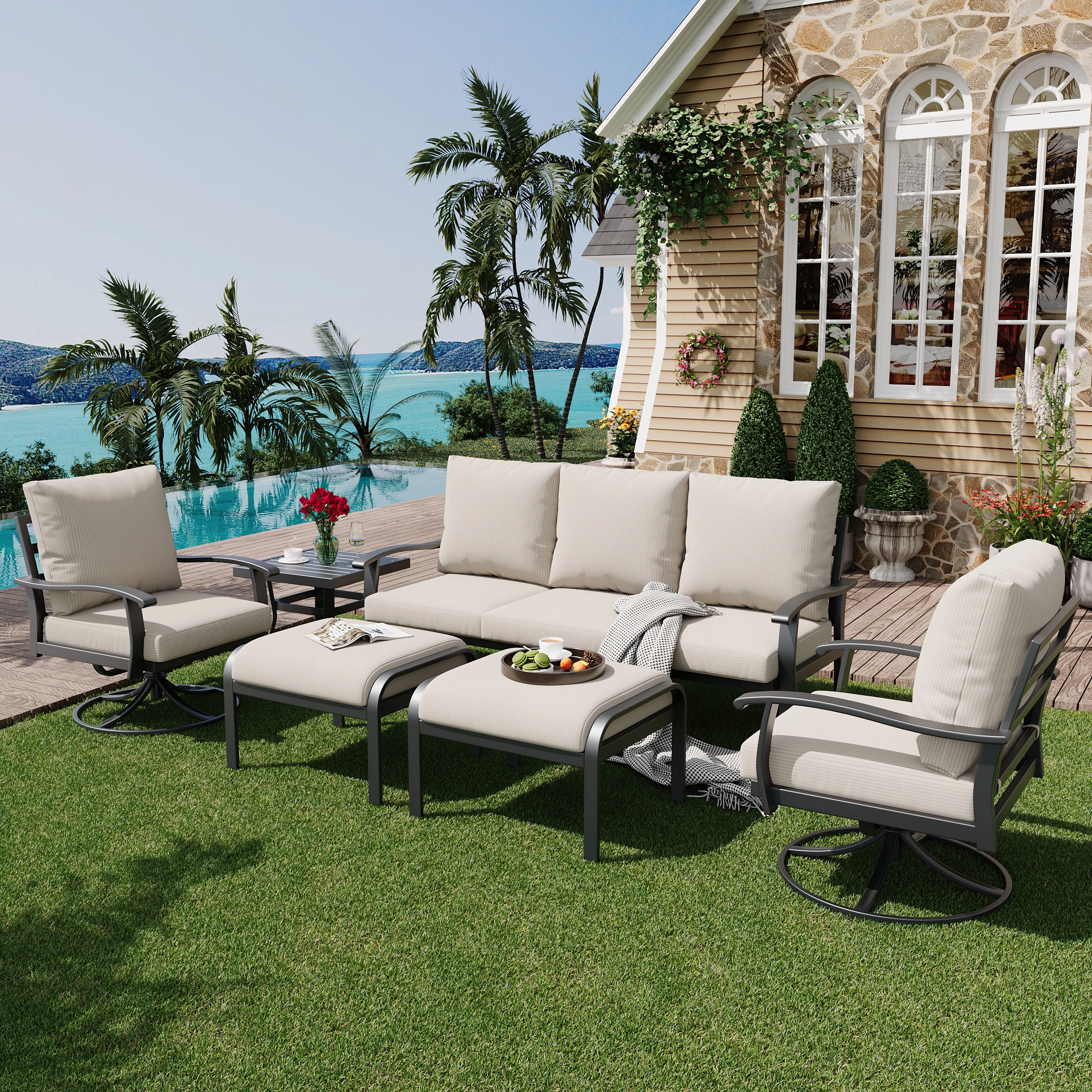 HOMREST Patio Furniture Sets 6 PCS Outdoor Metal Conversation Sets with Ottomans for Garden, Deck and Poolside, Beigeoutdoor patio furniture set