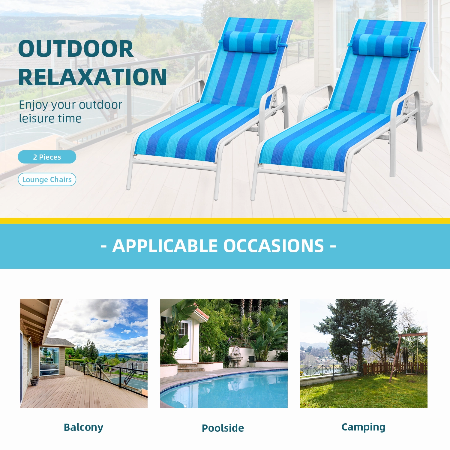 HOMREST Set of 2 Patio Chaise Lounges with Adjustable Backrest, Blue