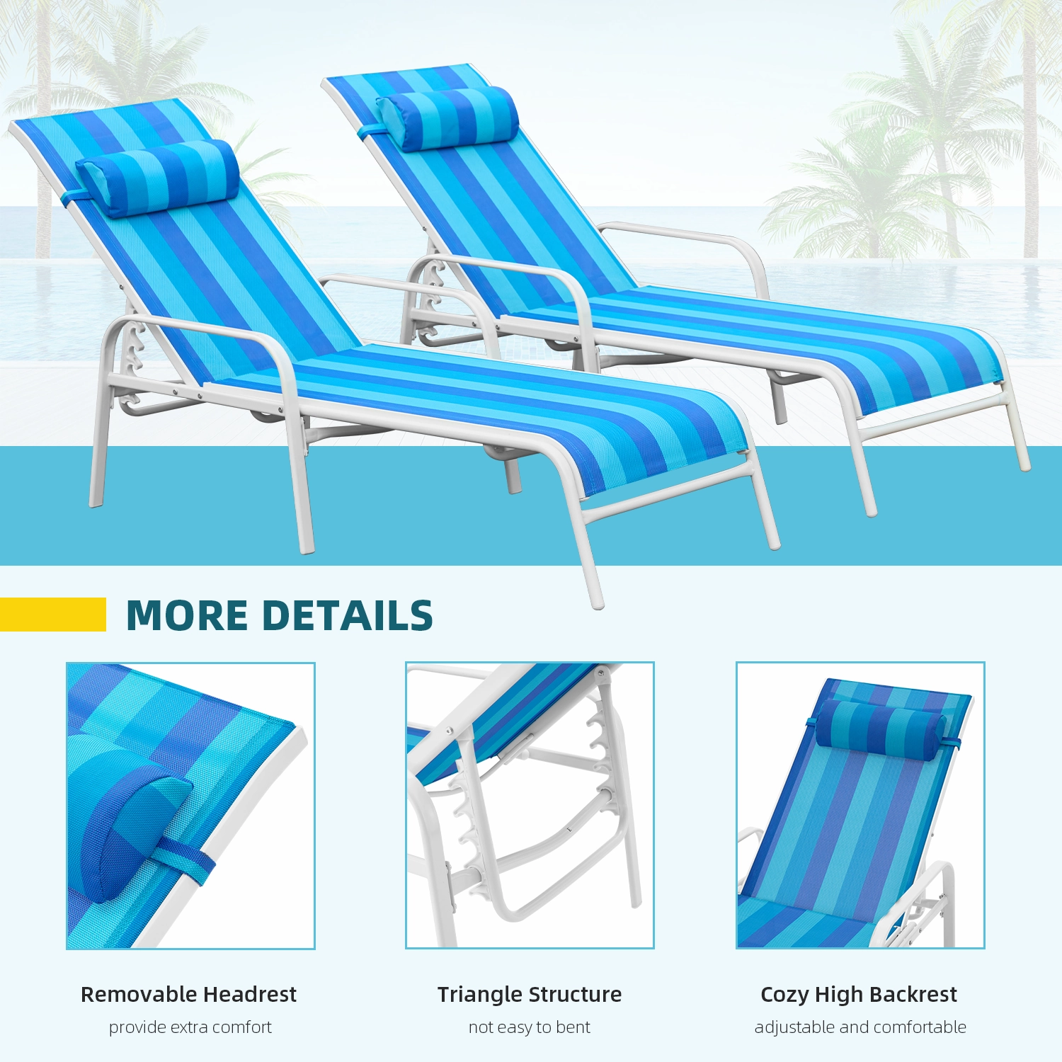 HOMREST Set of 2 Patio Chaise Lounges with Adjustable Backrest, Blue