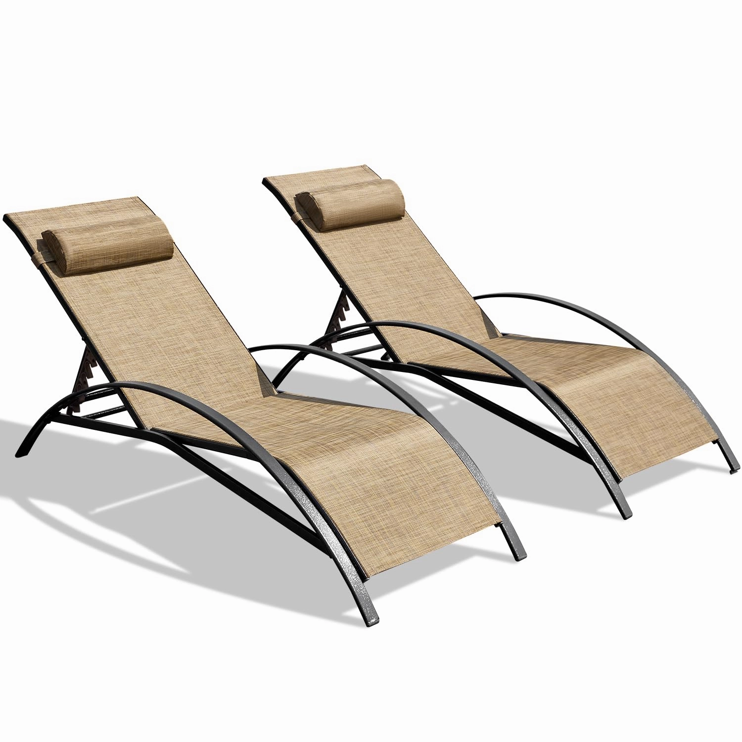 HOMREST Set of 2 Textilene Outdoor Lounge Chairs with Adjustable Backrest, Brown
