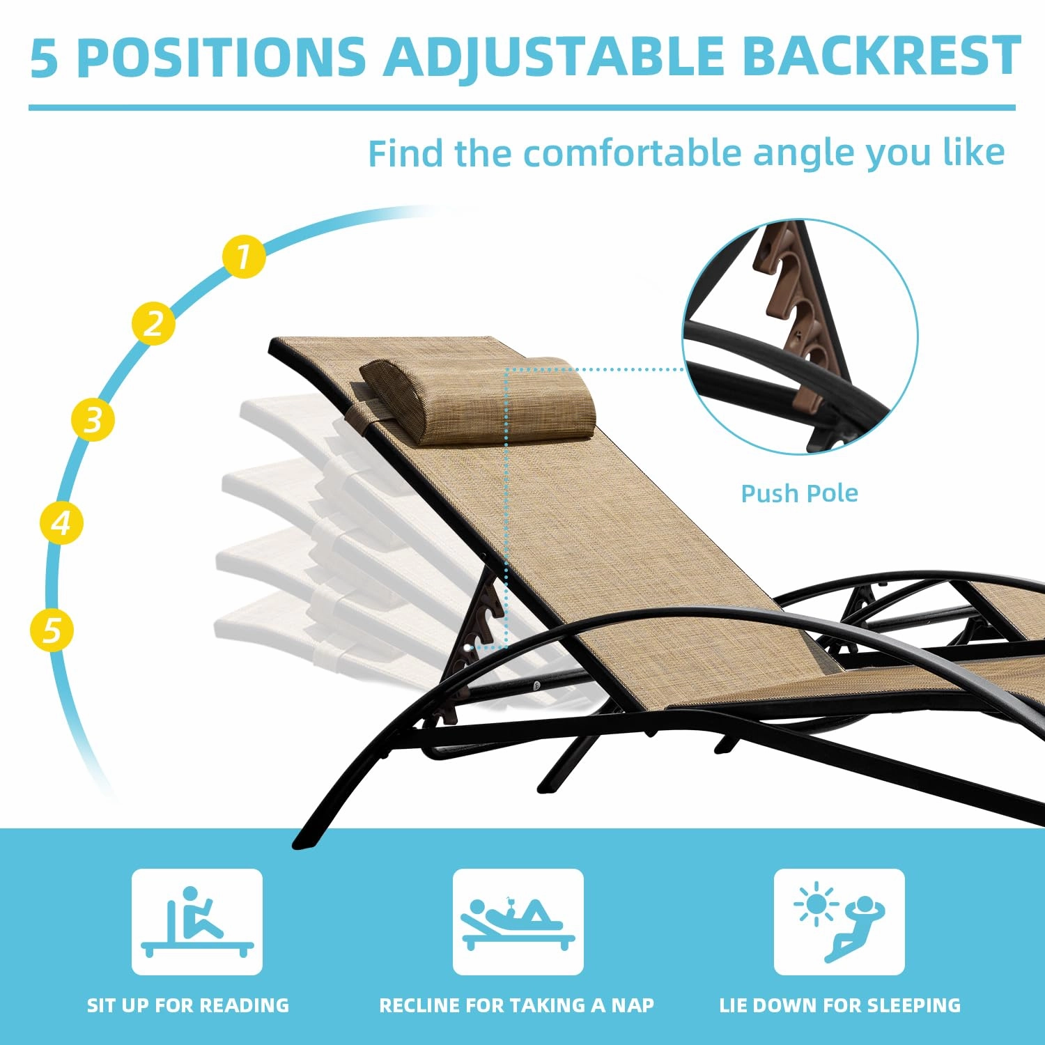 HOMREST Set of 2 Textilene Outdoor Lounge Chairs with Adjustable Backrest, Brown