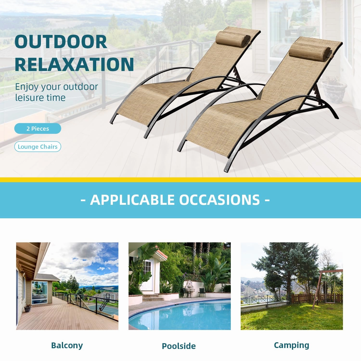 HOMREST Set of 2 Textilene Outdoor Lounge Chairs with Adjustable Backrest, Brown