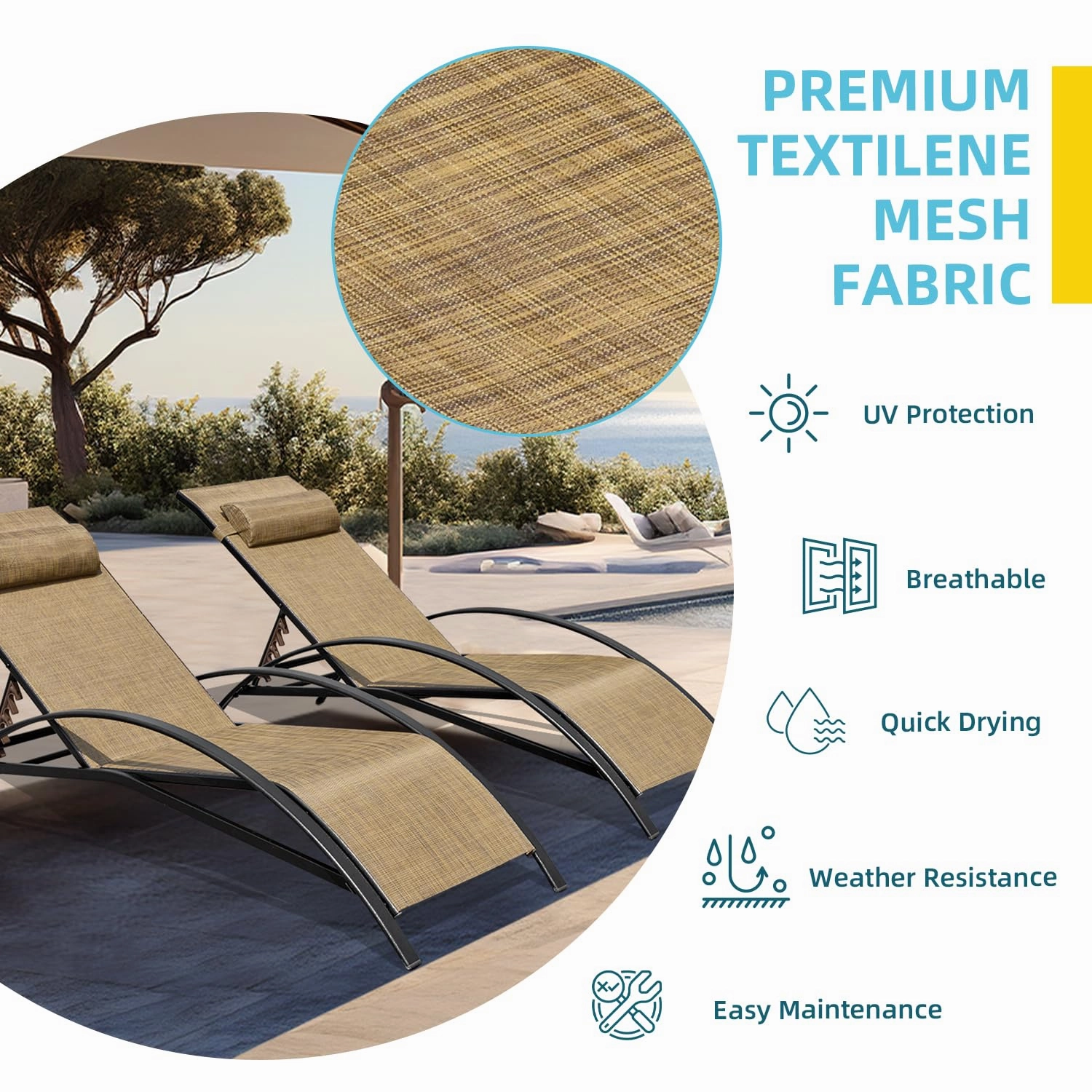 HOMREST Set of 2 Textilene Outdoor Lounge Chairs with Adjustable Backrest, Brown