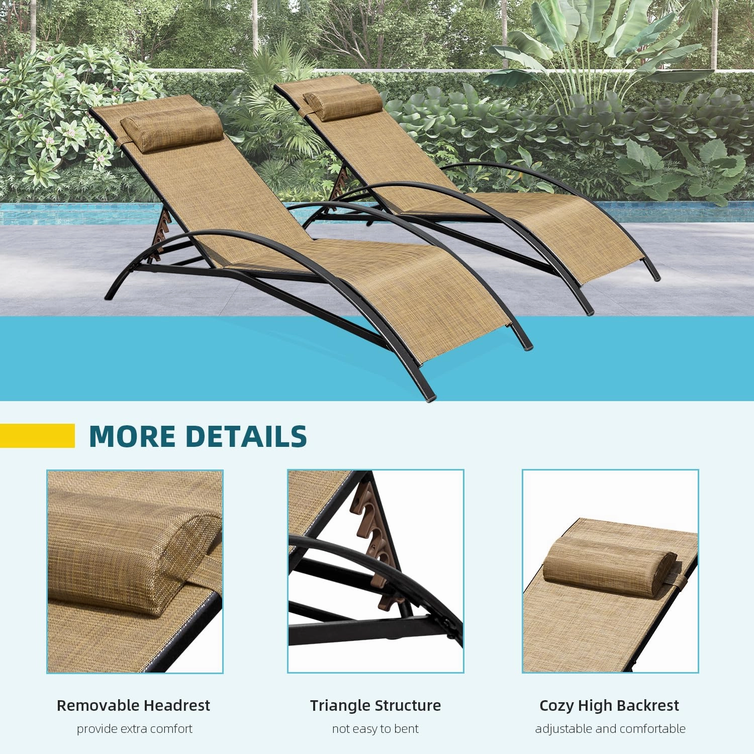 HOMREST Set of 2 Textilene Outdoor Lounge Chairs with Adjustable Backrest, Brown