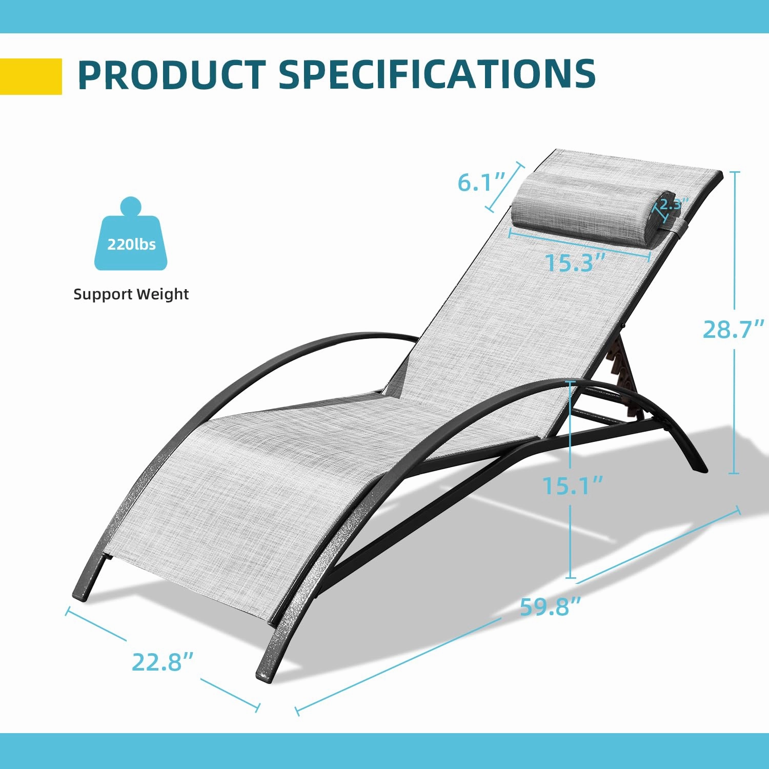 HOMREST Set of 2 Textilene Outdoor Lounge Chairs with Adjustable Backrest, Grey