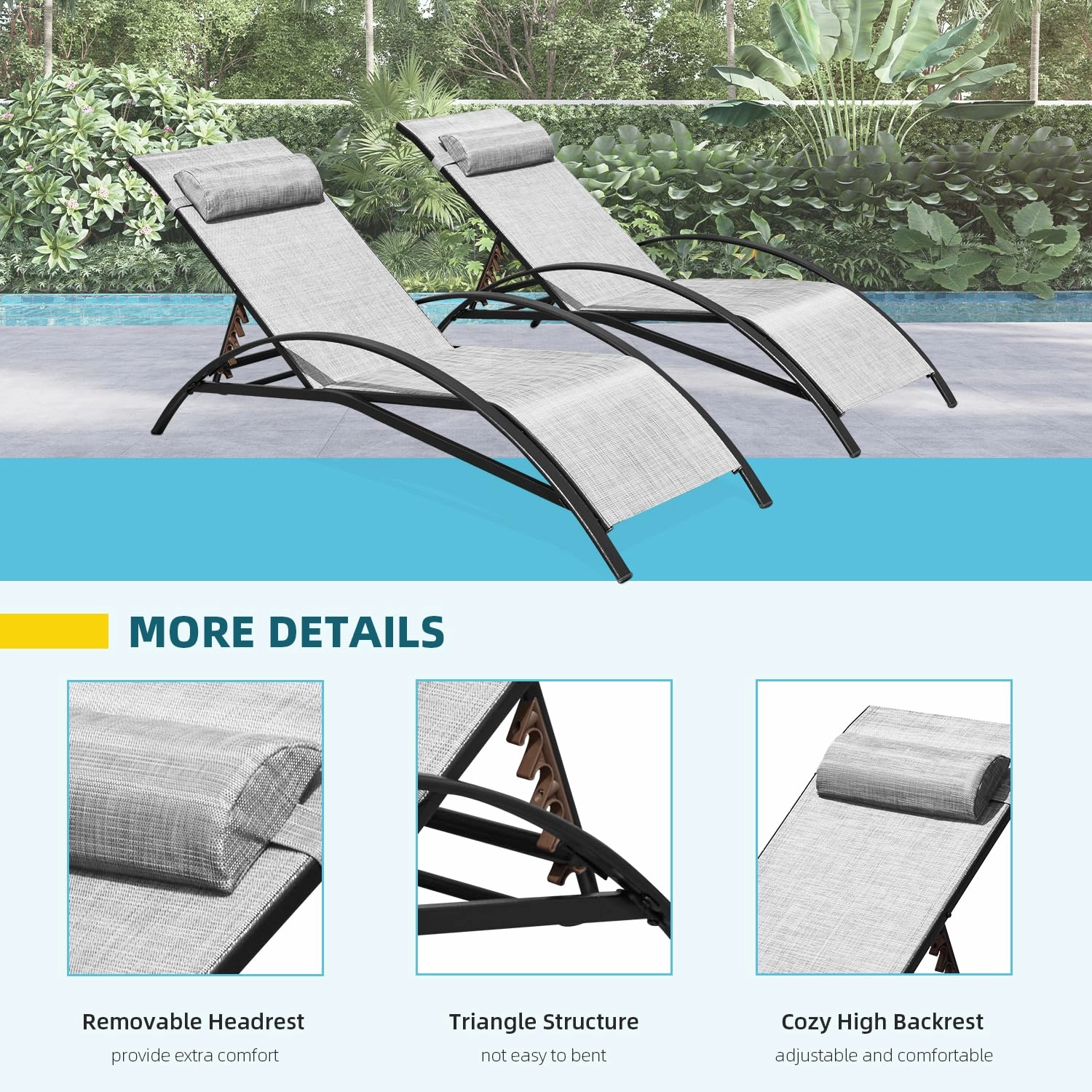 HOMREST Set of 2 Textilene Outdoor Lounge Chairs with Adjustable Backrest, Grey