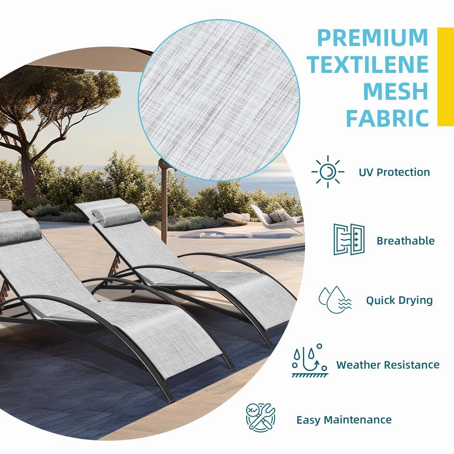 HOMREST Set of 2 Textilene Outdoor Lounge Chairs with Adjustable Backrest, Grey