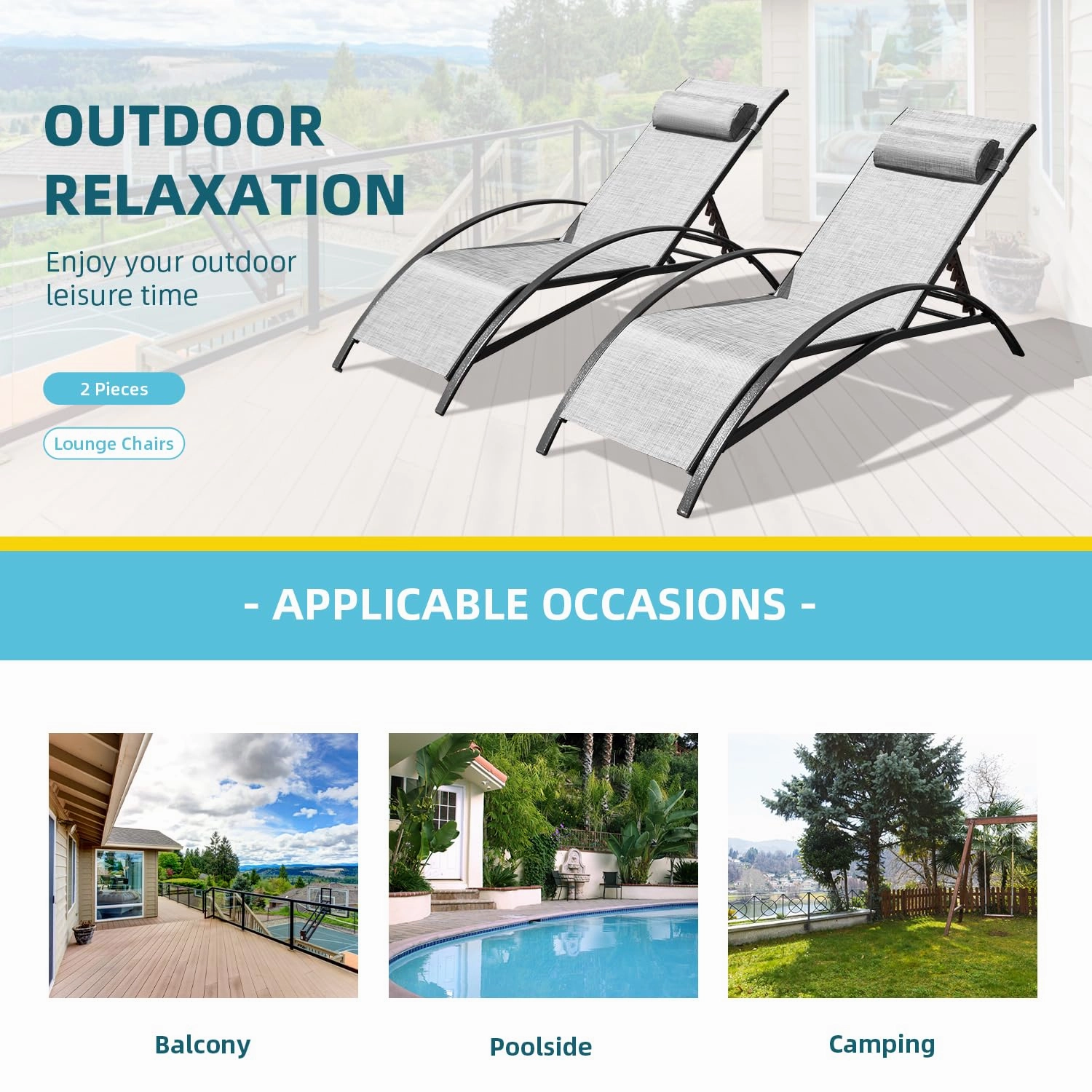 HOMREST Set of 2 Textilene Outdoor Lounge Chairs with Adjustable Backrest, Grey