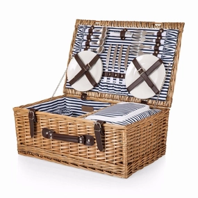 Mega Hot Offer Deal of the Day Southampton Blue And White Striped Deluxe Picnic Basket For 4 With Cooler Compartment