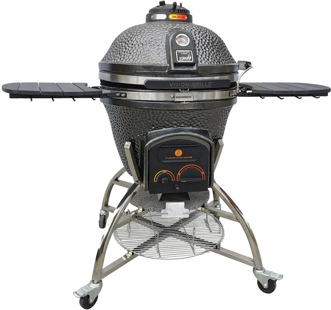 Icon Grills XD702 Maxis Gunmetal Kamado Charcoal Grill CGXD702GMAXIS stainless steel BBQ grill with side table