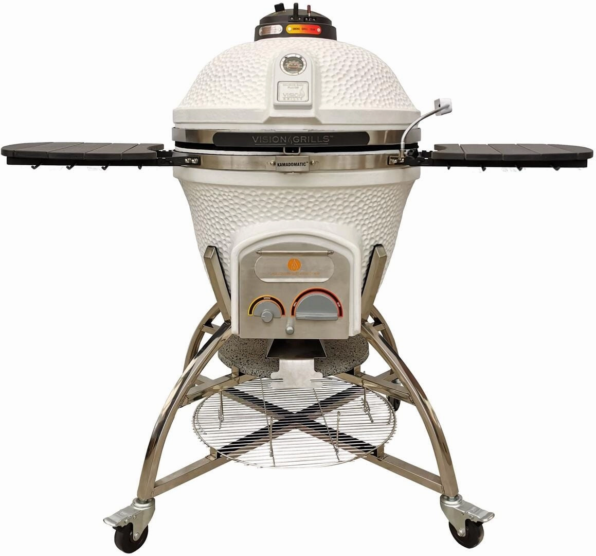 Icon Grills XD702 Maxis White Kamado Charcoal Grill CGXD702WMAXIS stainless steel BBQ grill with side table